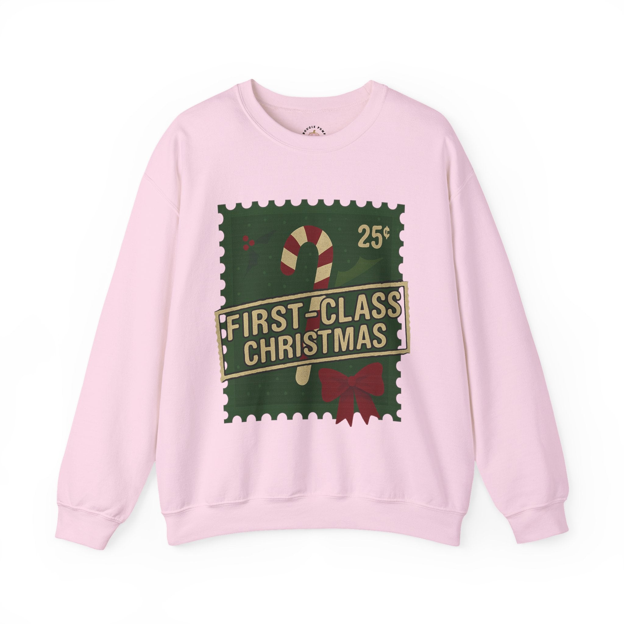 Christmas Crewneck Sweatshirt — "First-Class Christmas" Candy Cane Stamp Design
