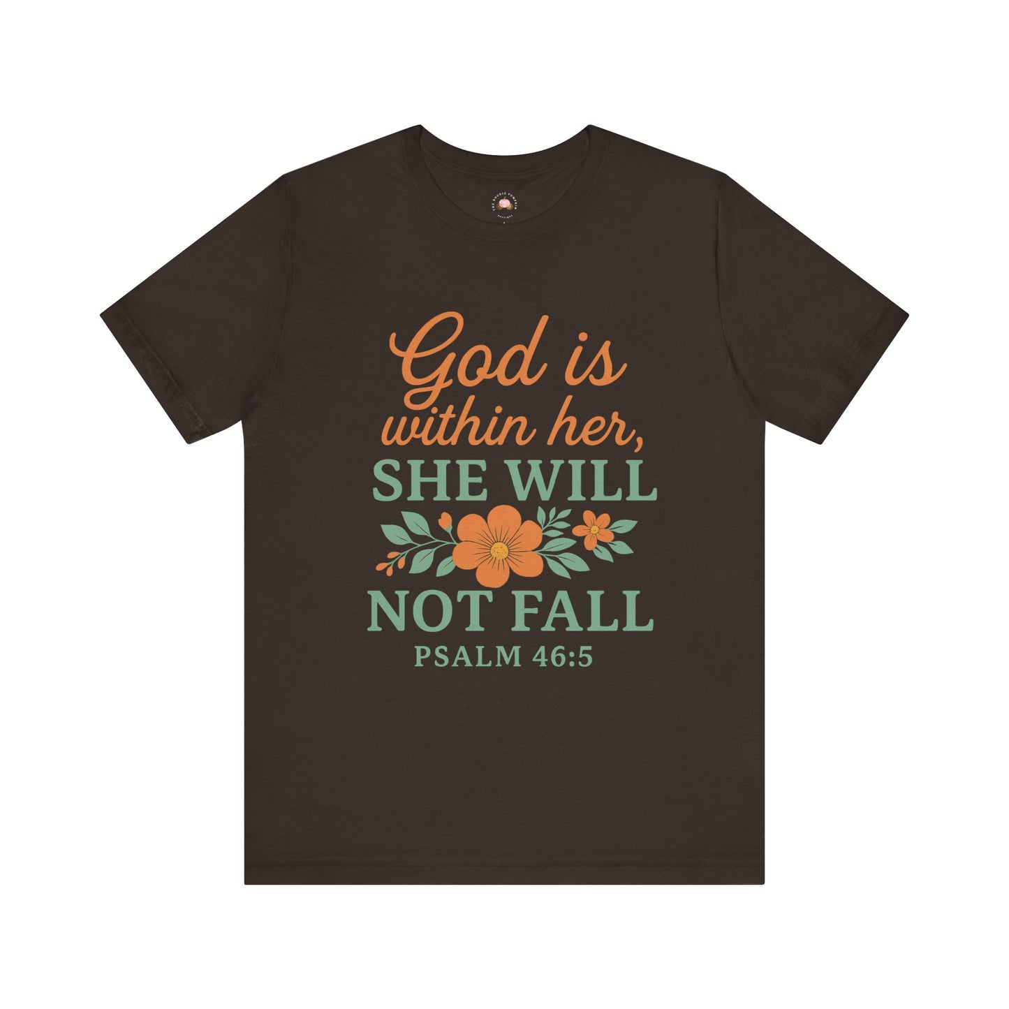 Brown t-shirt with motivational quote and floral design on a white background
