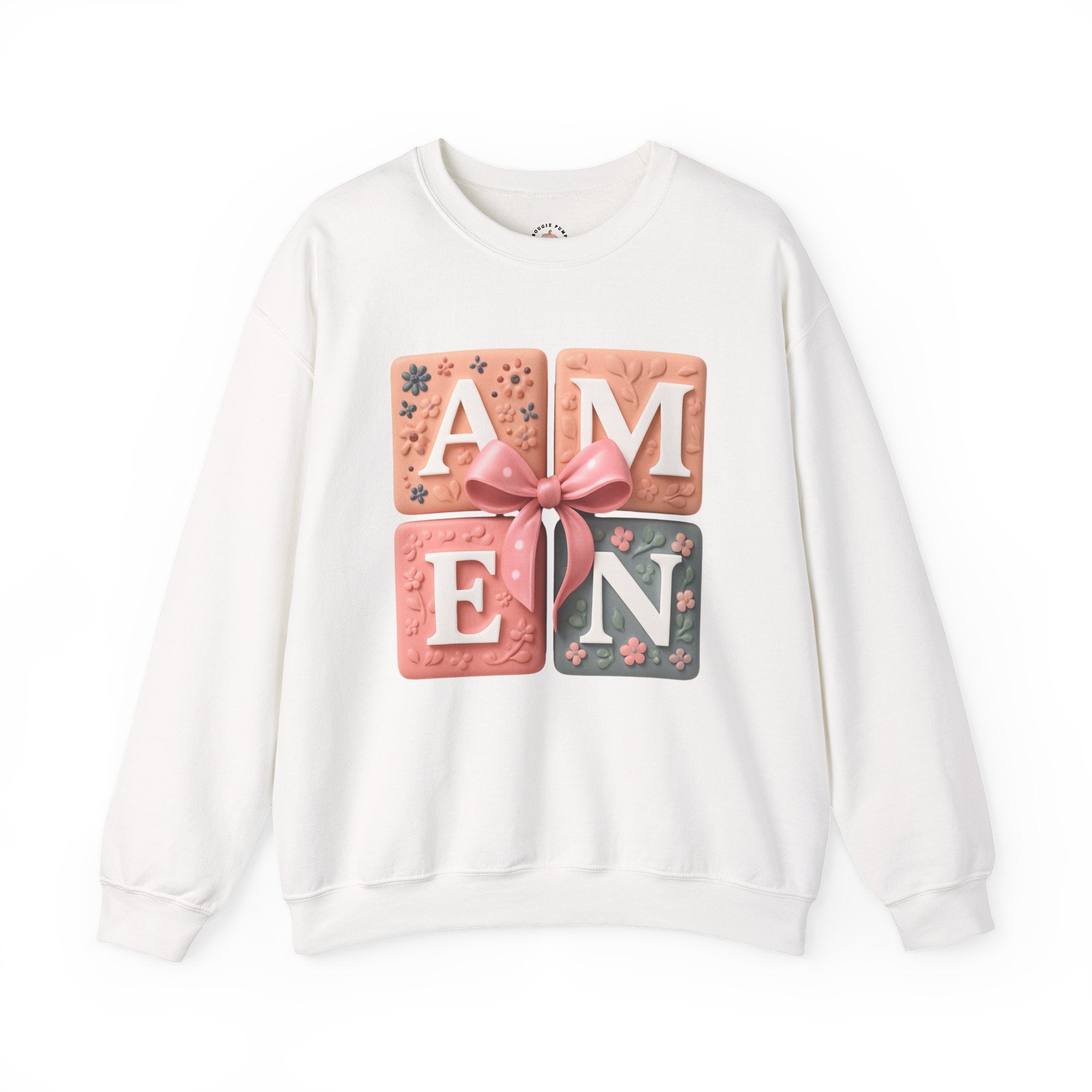 Amen Square Block Sweatshirt — Floral Ribbon Typography Crewneck