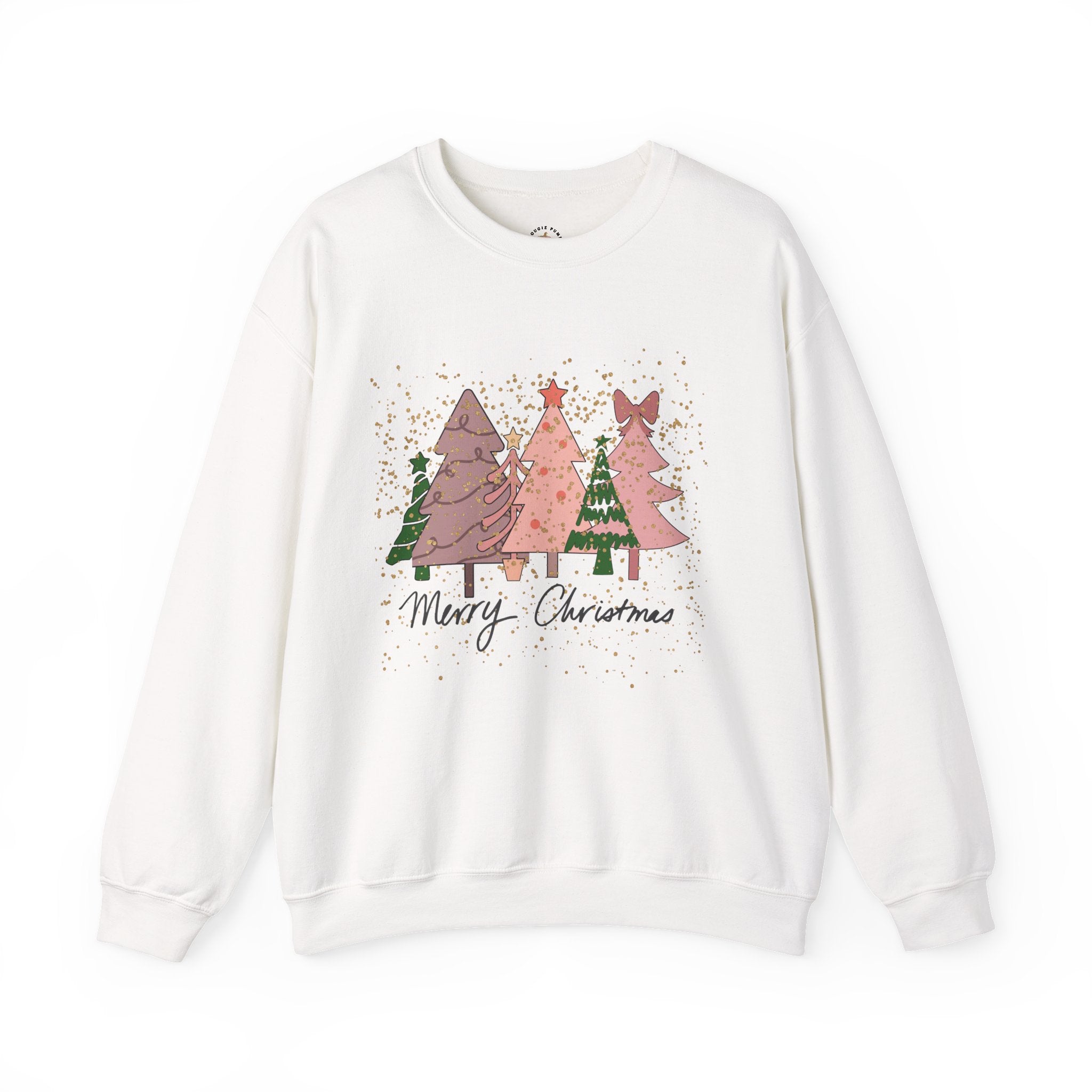 Christmas Tree Crewneck Sweatshirt - Festive Pink & Green Holiday Trees Design with Glitter Overlay