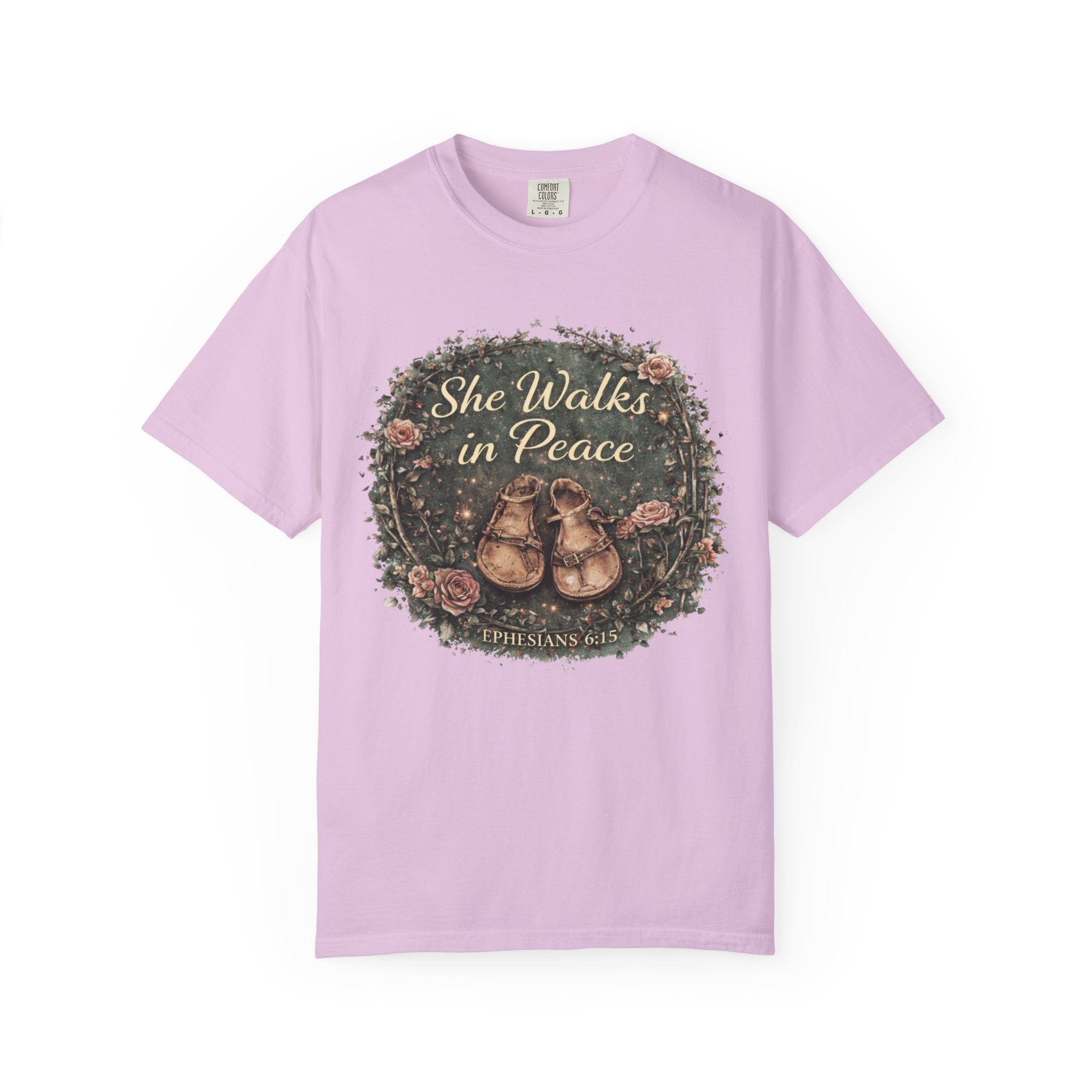 She Walks in Peace T-Shirt — Floral Baby Shoes Memorial Tee