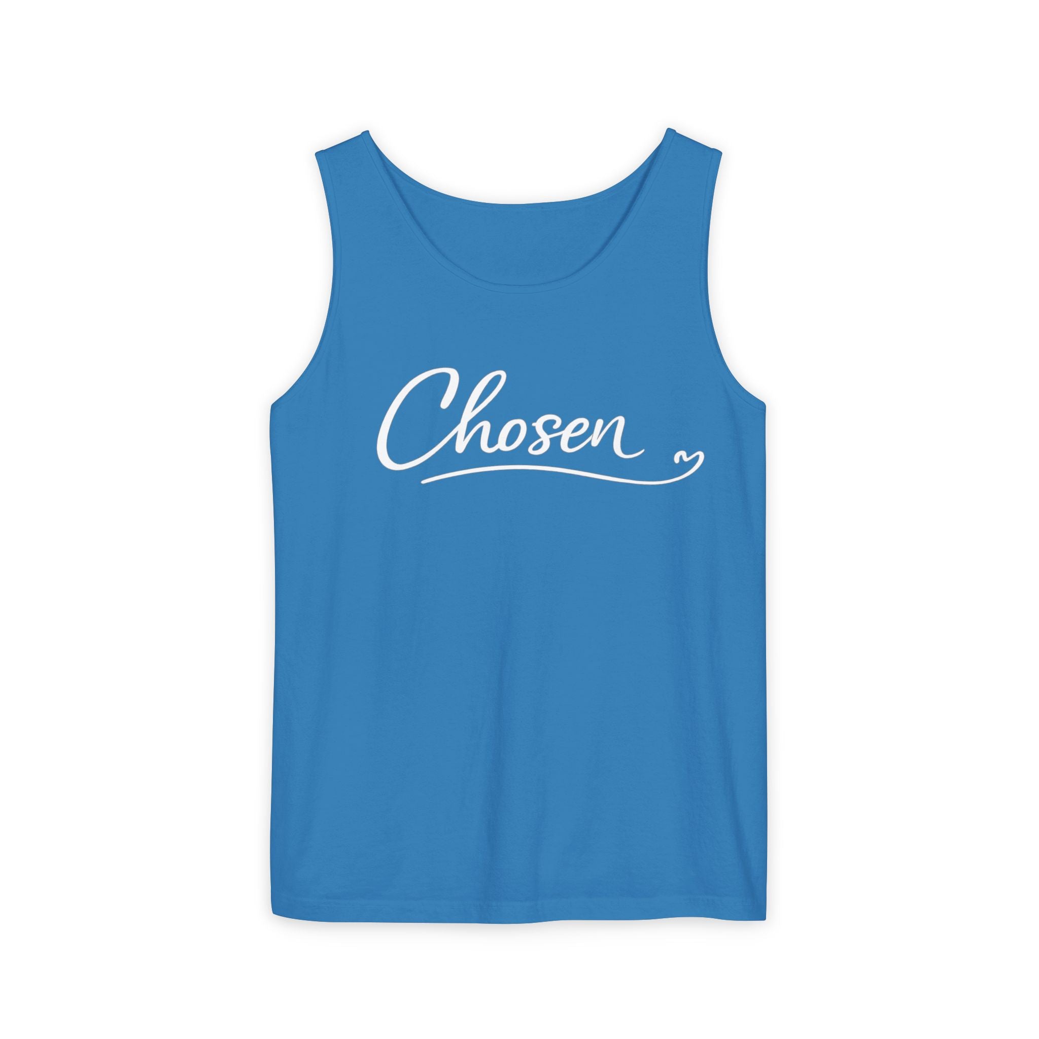 Chosen Script Tank Top — Minimalist White Garment-Dyed Casual Tank