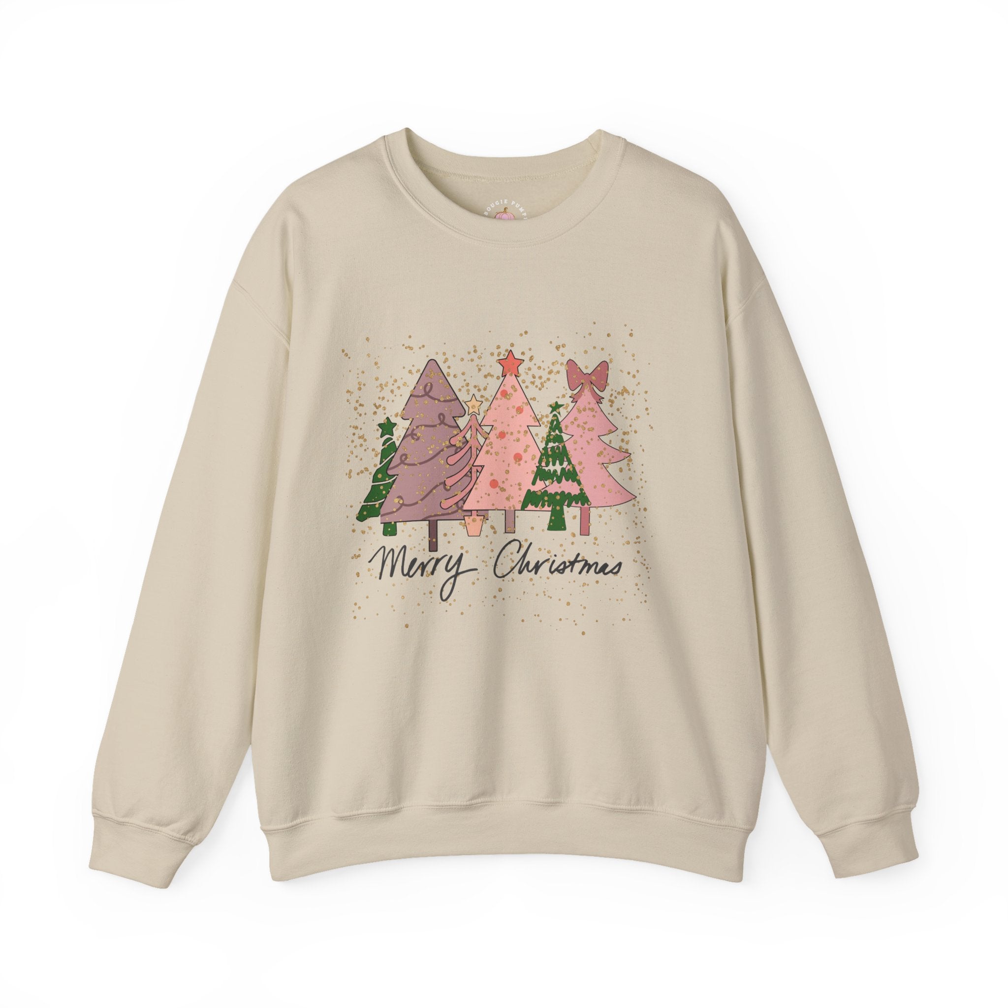 Christmas Tree Crewneck Sweatshirt - Festive Pink & Green Holiday Trees Design with Glitter Overlay