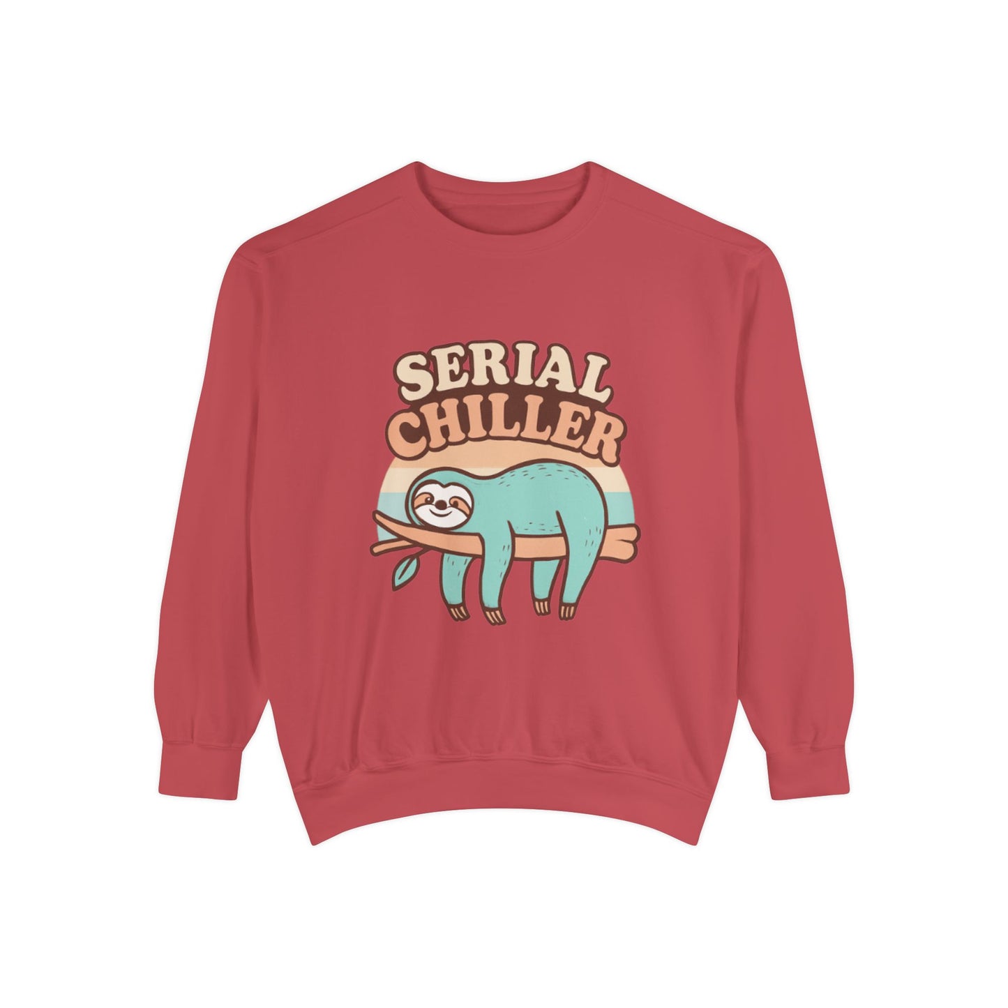 Red sweatshirt with a sloth graphic and 'Serial Chiller' text on a white background