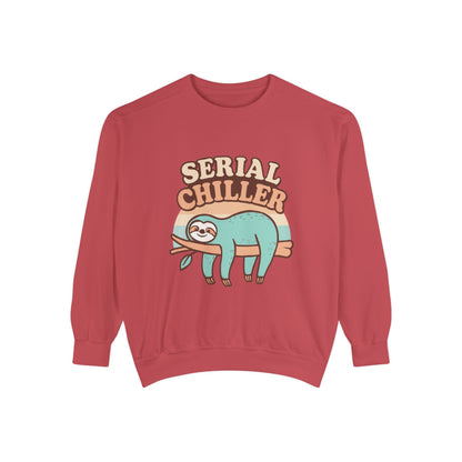 Red sweatshirt with a sloth graphic and 'Serial Chiller' text on a white background