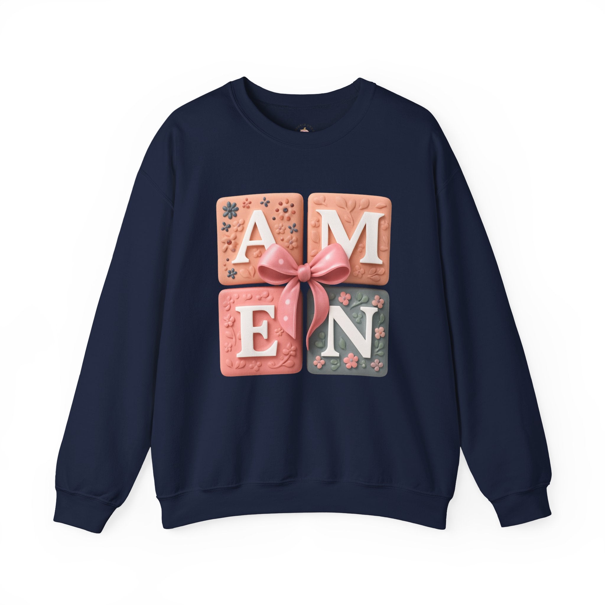 Amen Square Block Sweatshirt — Floral Ribbon Typography Crewneck