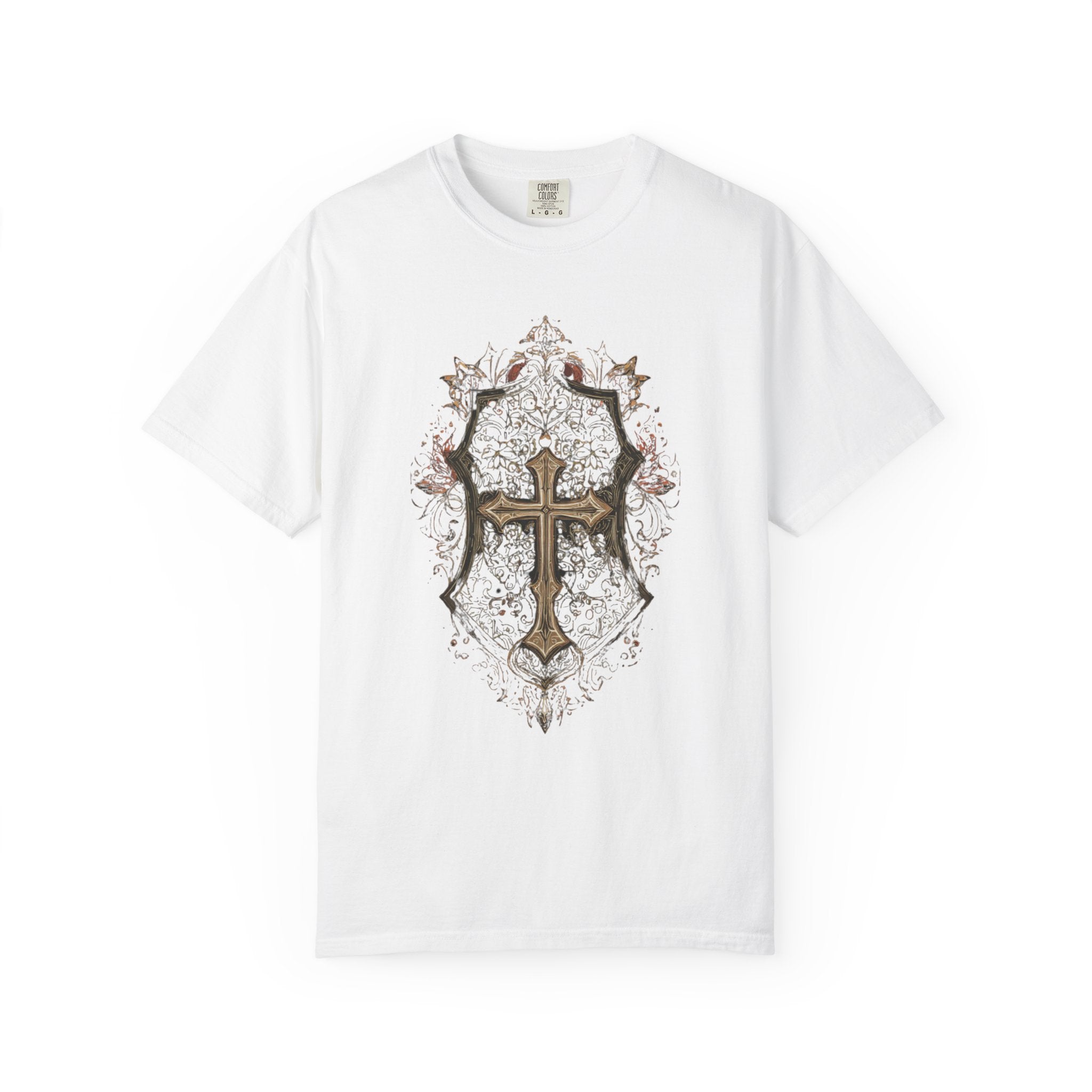 Vintage Shield Cross T-Shirt — Gothic Christian Crest Tee