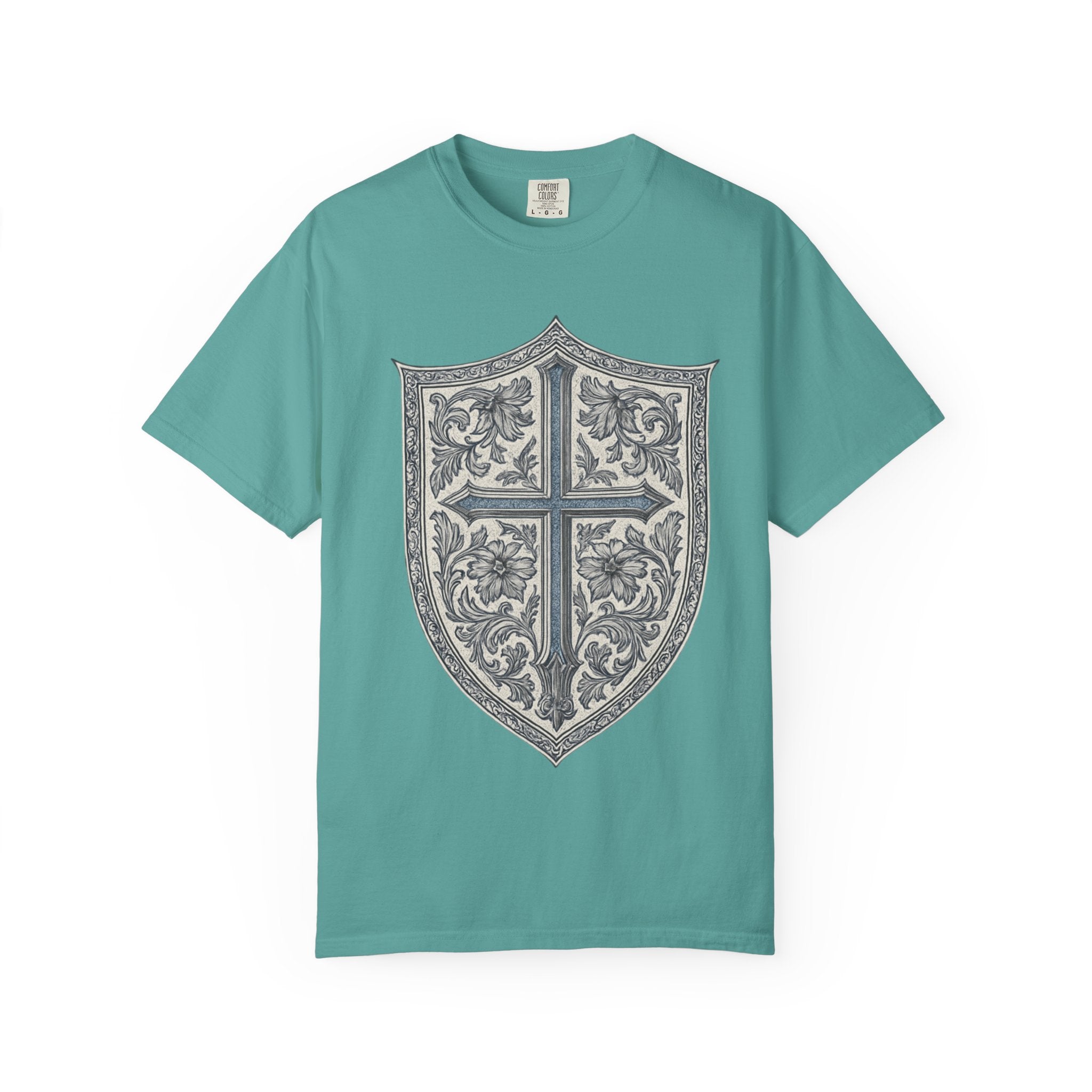 Shield Cross T-Shirt — Vintage Floral Heraldic Crest Christian Tee