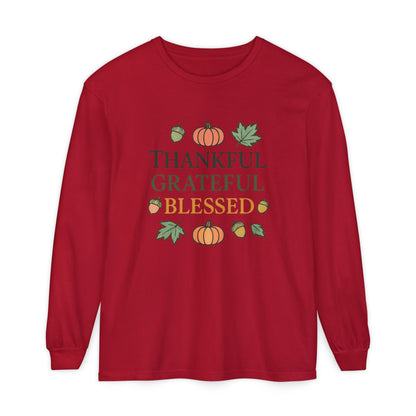 Thankful Grateful Blessed Long Sleeve T-Shirt | Autumn Fashion, Harvest Wear, Thanksgiving Gift, Fall Style, Cozy Apparel - The Bougie Pumpkin Boutique