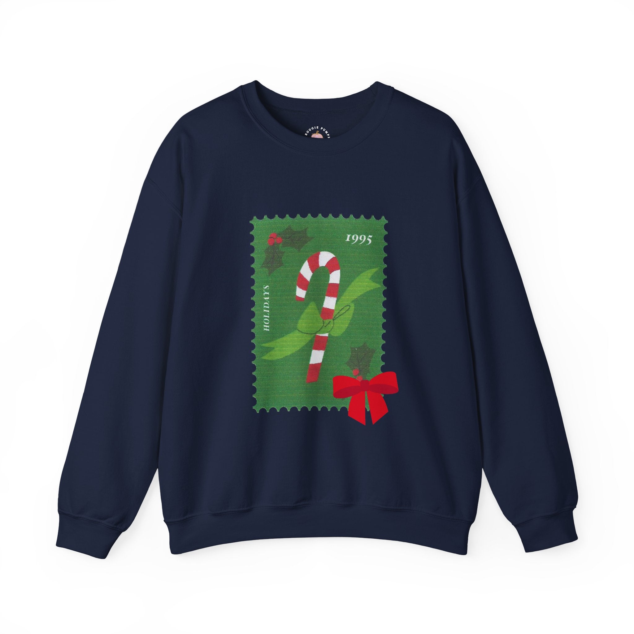Candy Cane Holiday Crewneck Sweatshirt — Vintage Stamp Christmas Design