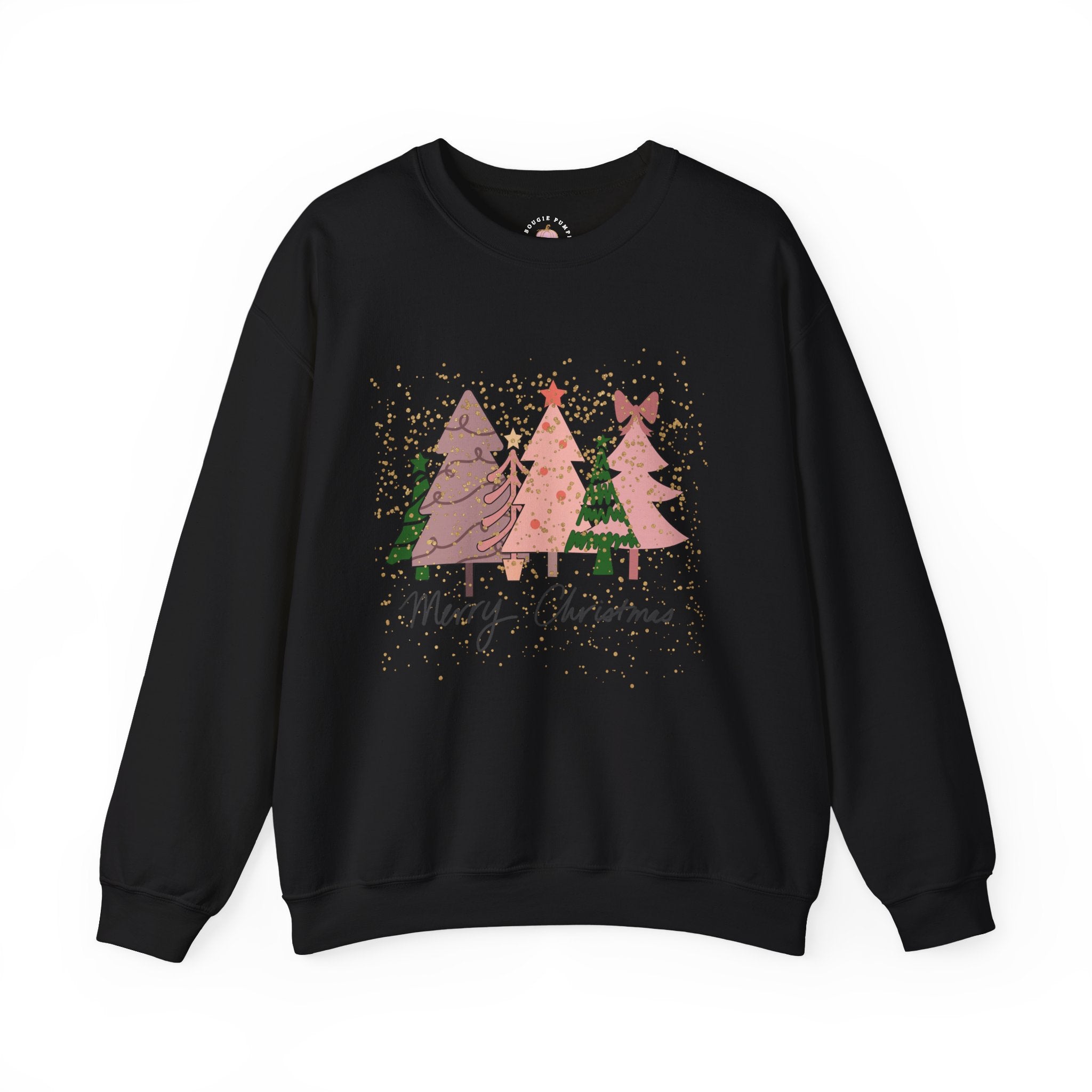 Christmas Tree Crewneck Sweatshirt - Festive Pink & Green Holiday Trees Design with Glitter Overlay