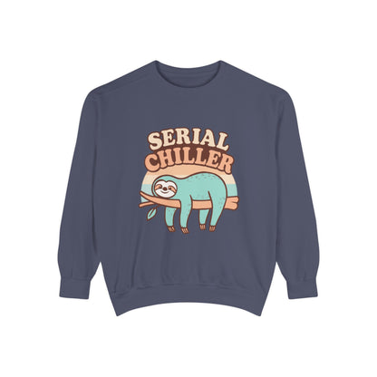 Navy blue sweatshirt with a sloth graphic and 'Serial Chiller' text on a white background