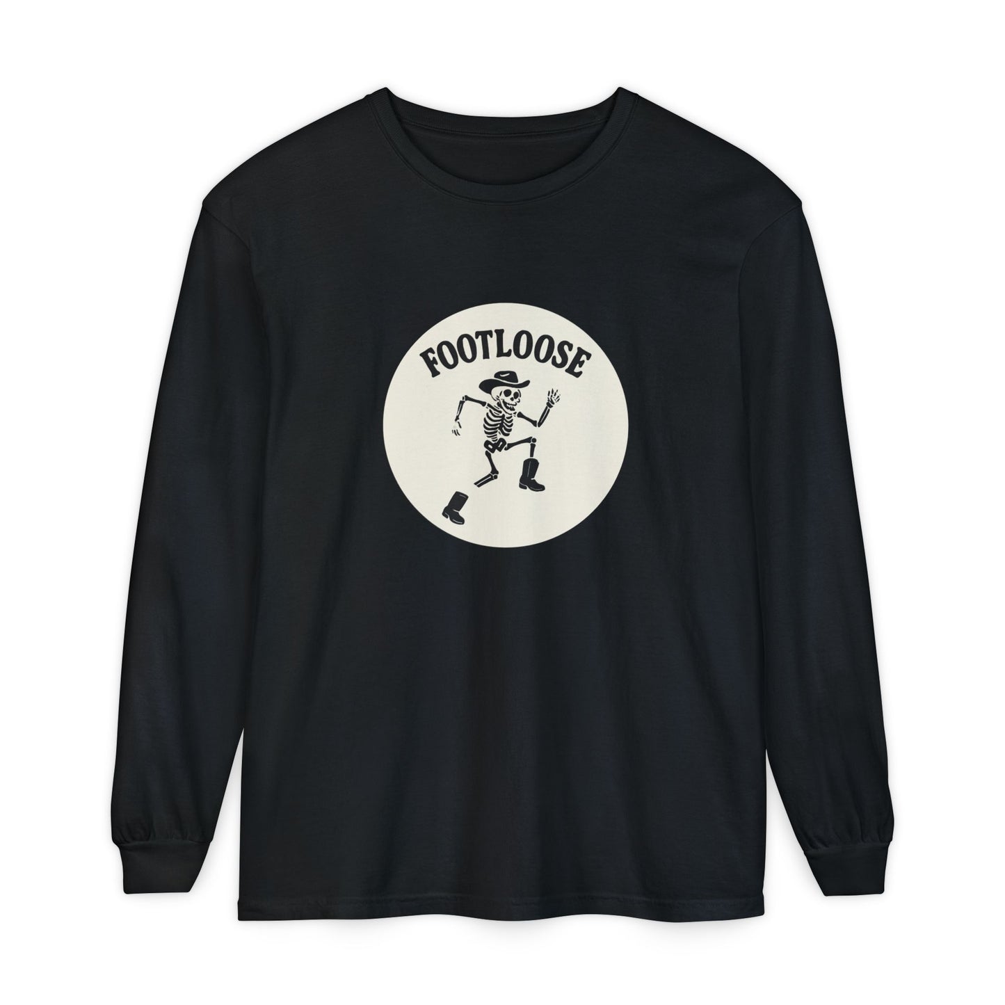 Footloose Skeleton Long Sleeve T-Shirt, Vintage Style Tee for Halloween, Unisex Casual Wear, Graphic Tee for Parties, Fun Gift Idea