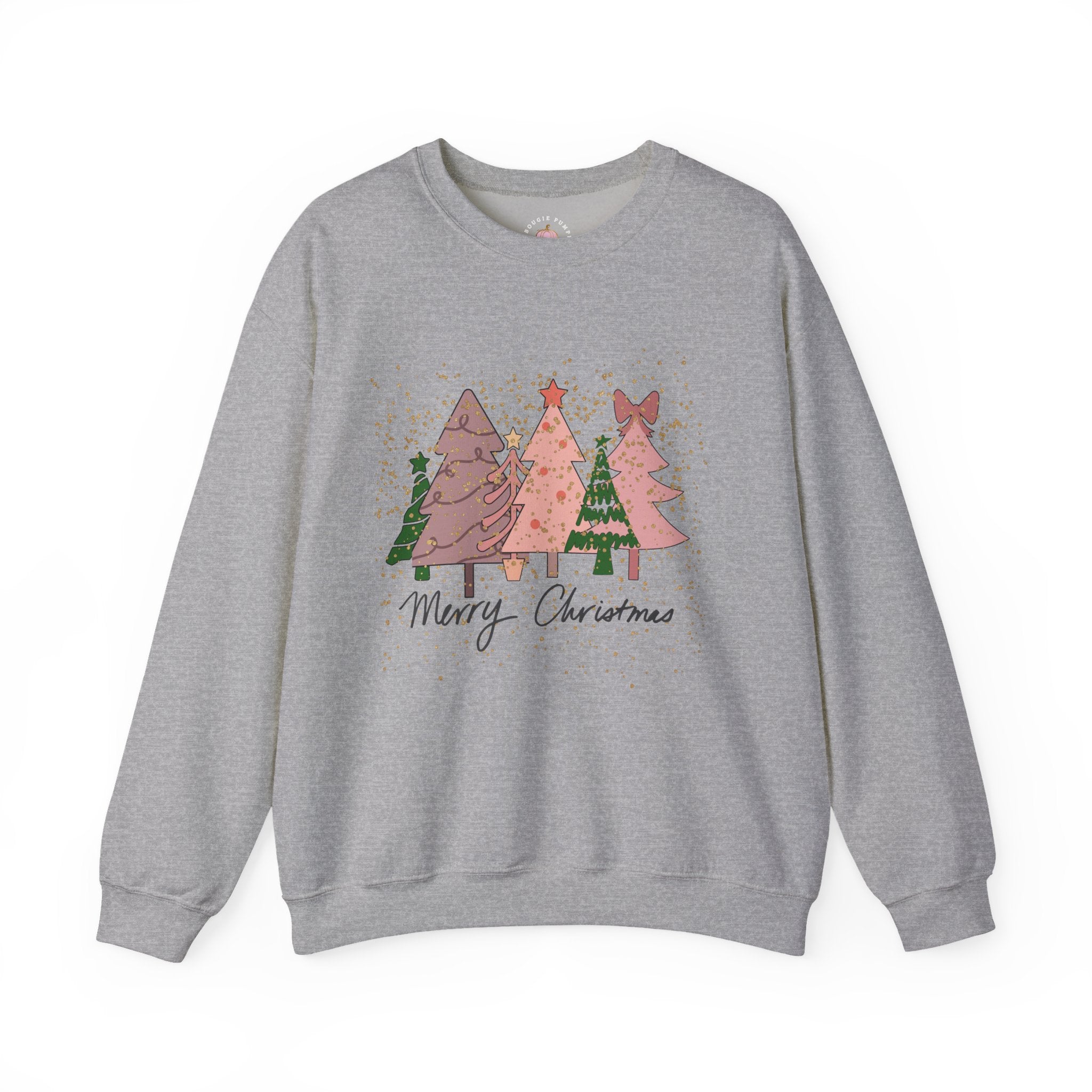 Christmas Tree Crewneck Sweatshirt - Festive Pink & Green Holiday Trees Design with Glitter Overlay