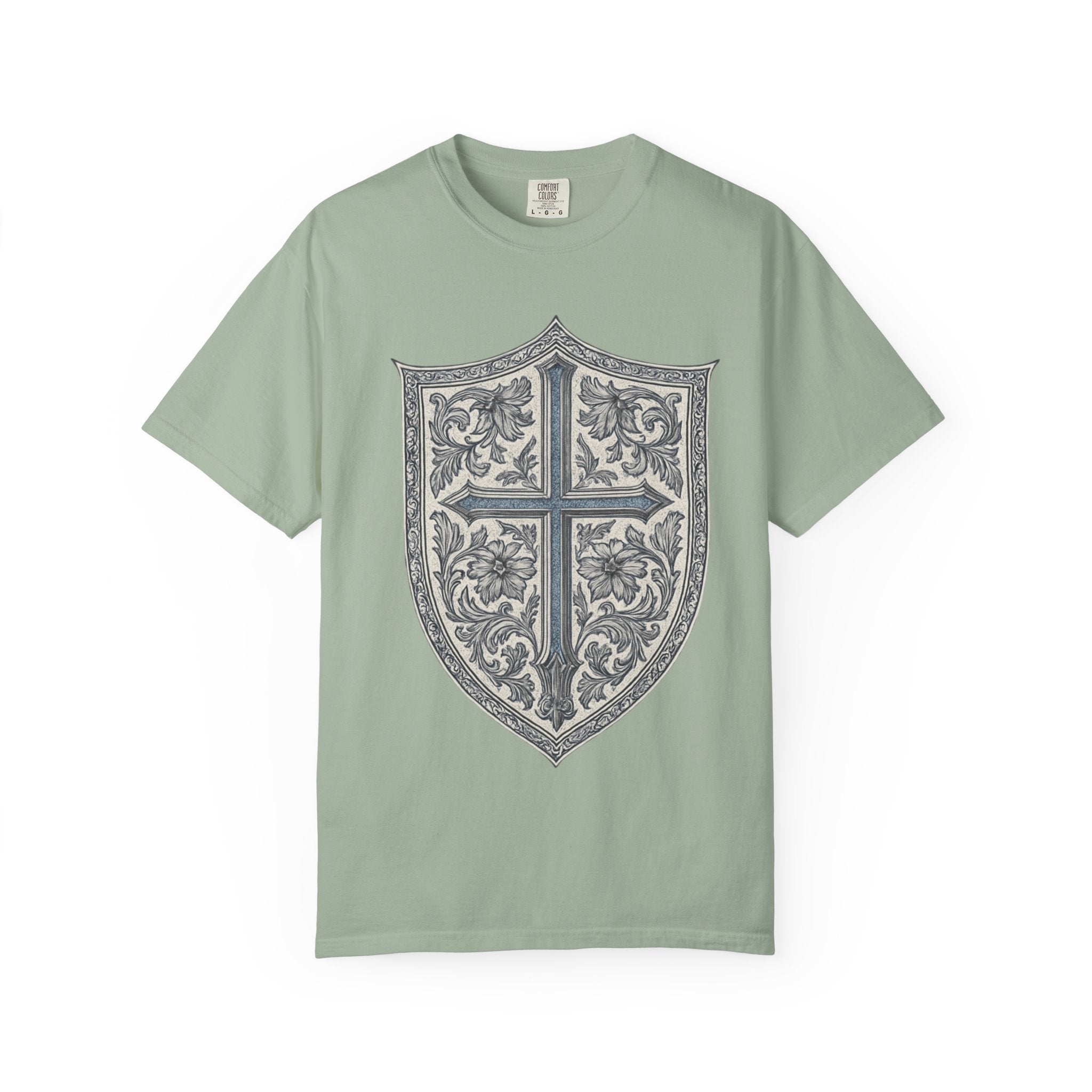 Shield Cross T-Shirt — Vintage Floral Heraldic Crest Christian Tee