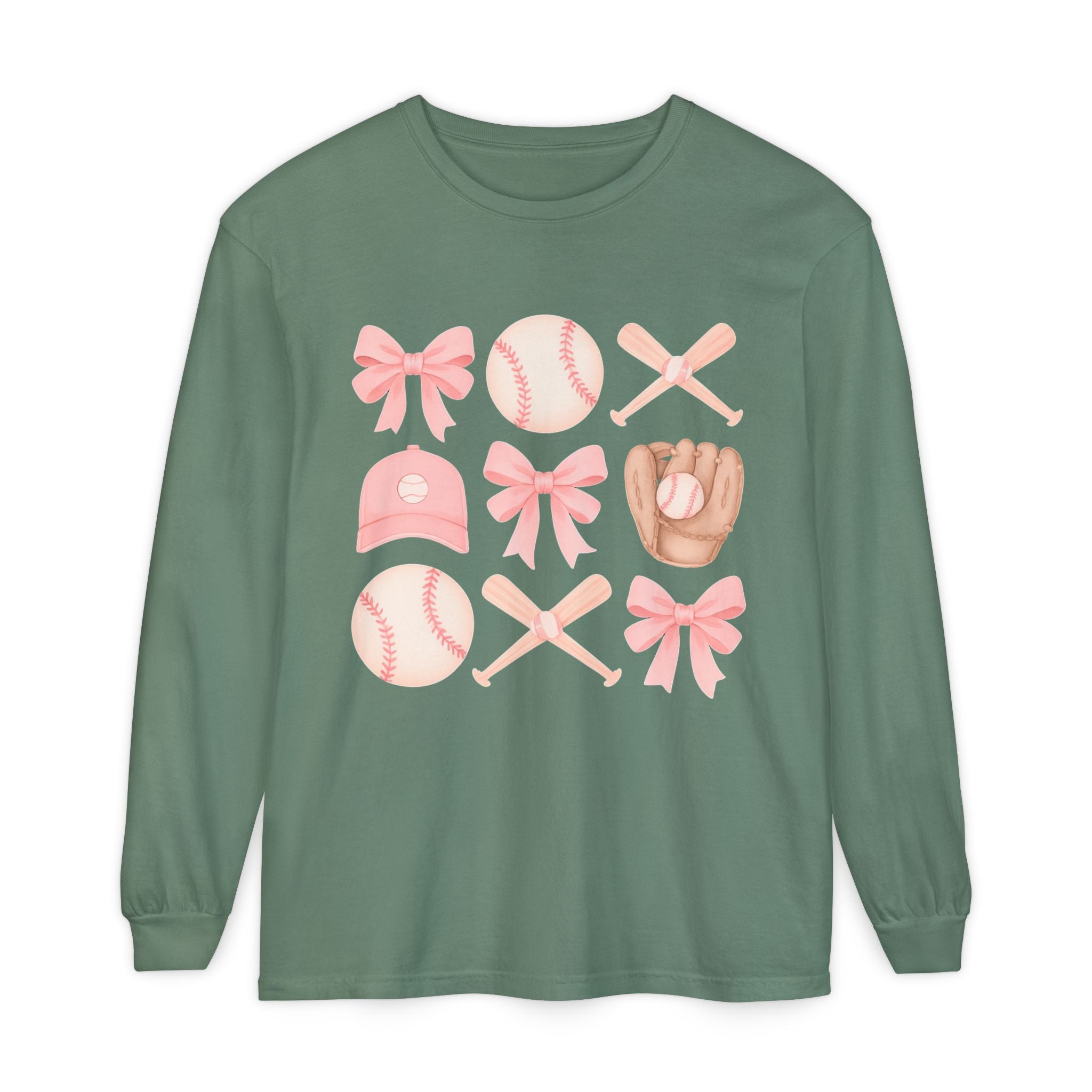 Pink Baseball Icons Long Sleeve Tee — Cute Softball Mom Fan Shirt