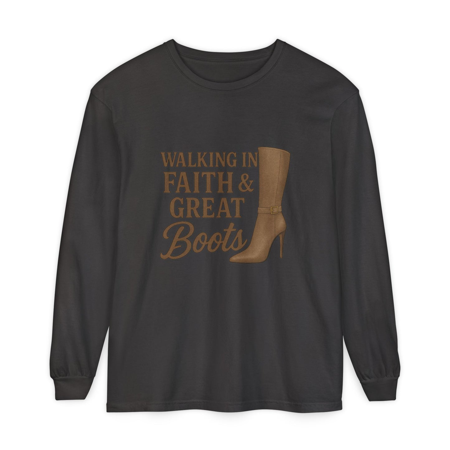 Long Sleeve Christian T-Shirt Walking in Faith & Great Boots - The Bougie Pumpkin Boutique