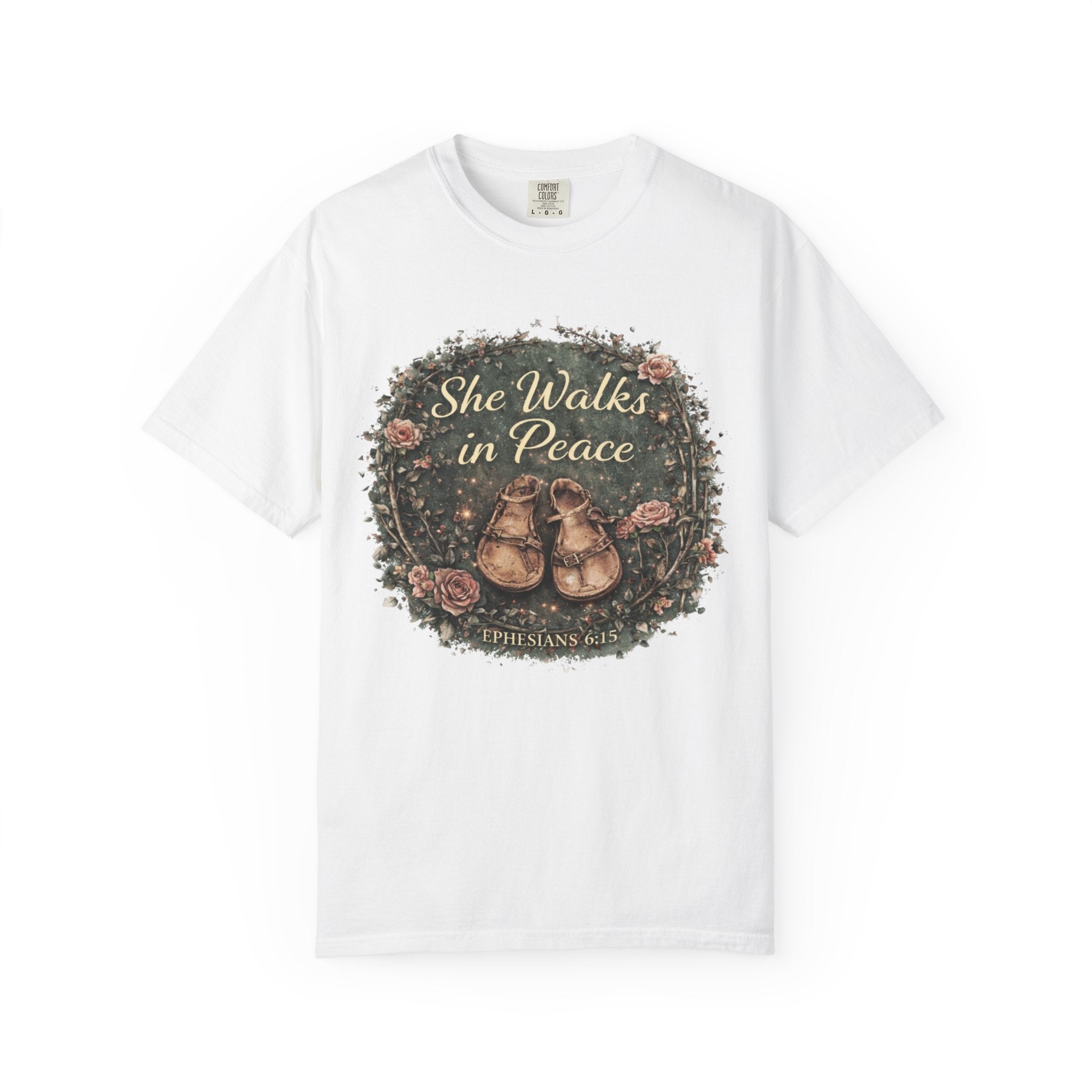 She Walks in Peace T-Shirt — Floral Baby Shoes Memorial Tee