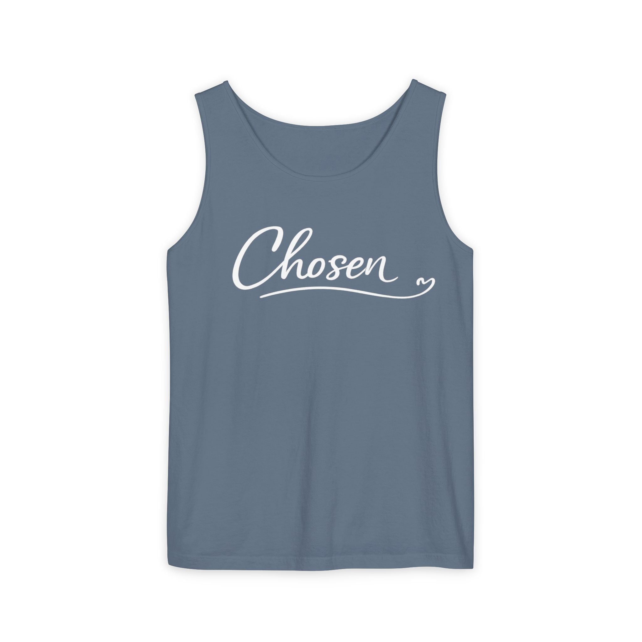 Chosen Script Tank Top — Minimalist White Garment-Dyed Casual Tank