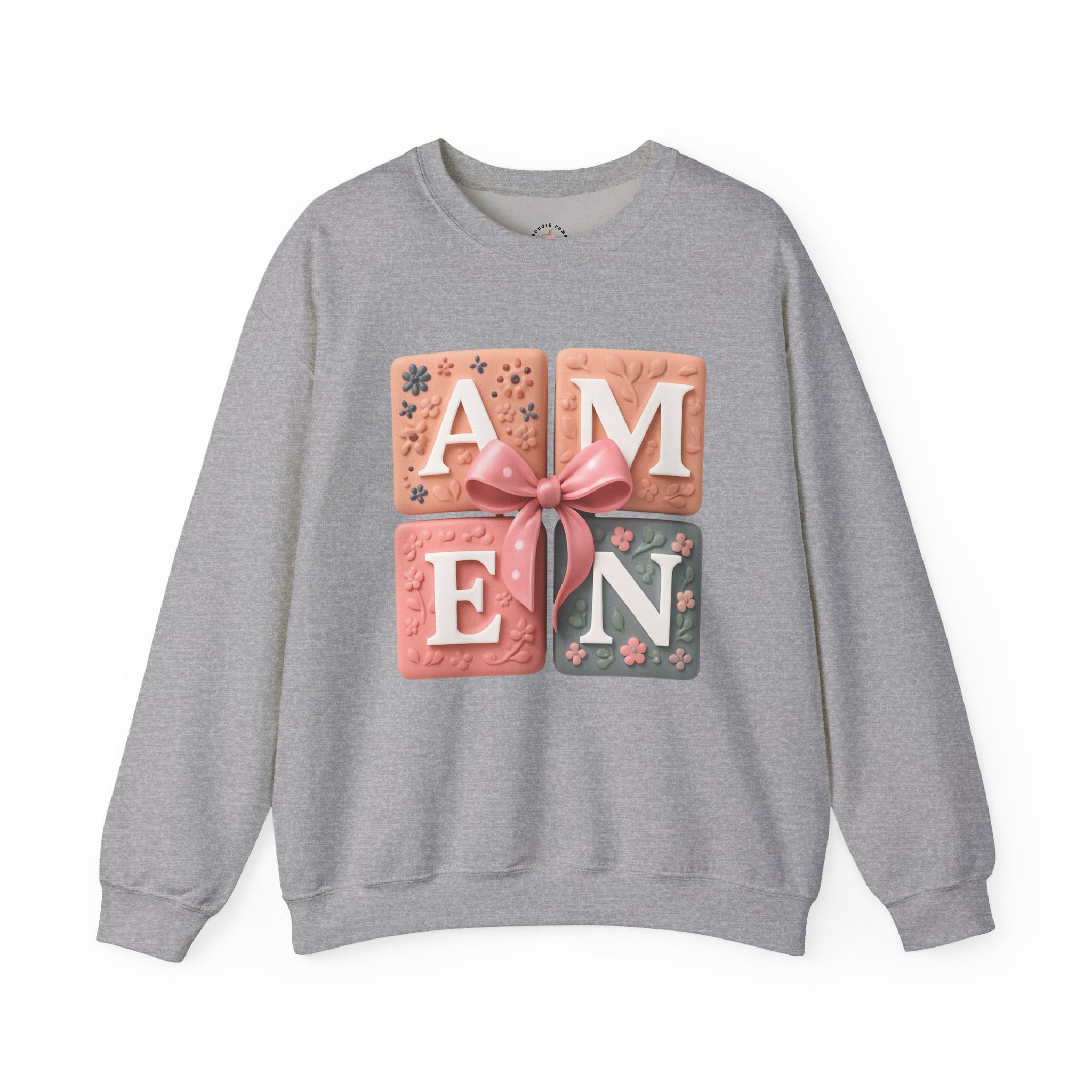 Amen Square Block Sweatshirt — Floral Ribbon Typography Crewneck