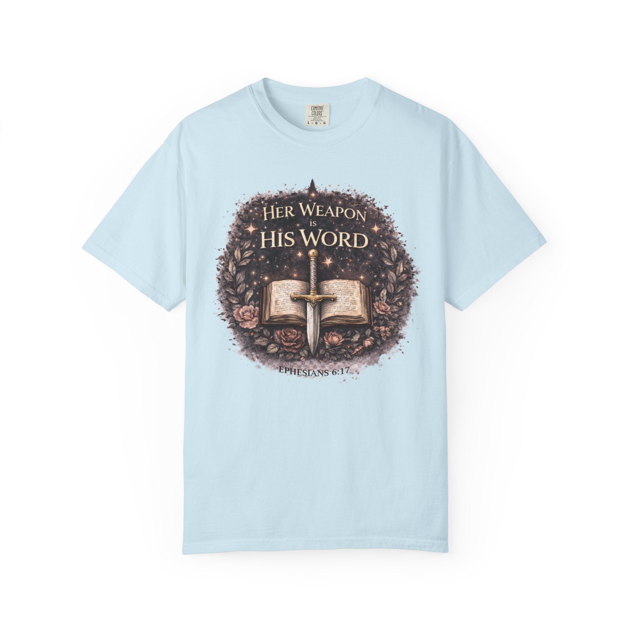 Christian Sword & Bible T-Shirt — "Her Weapon His Word" Inspirational Faith Tee