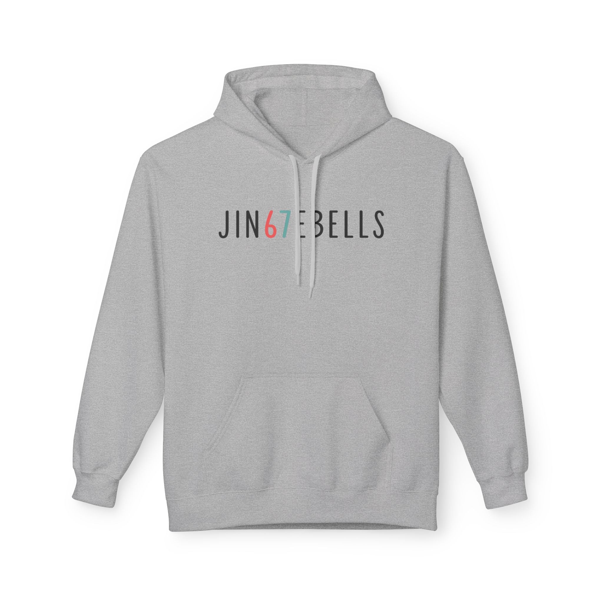 Gray hoodie with 'JIN67BELLS' text on a white background