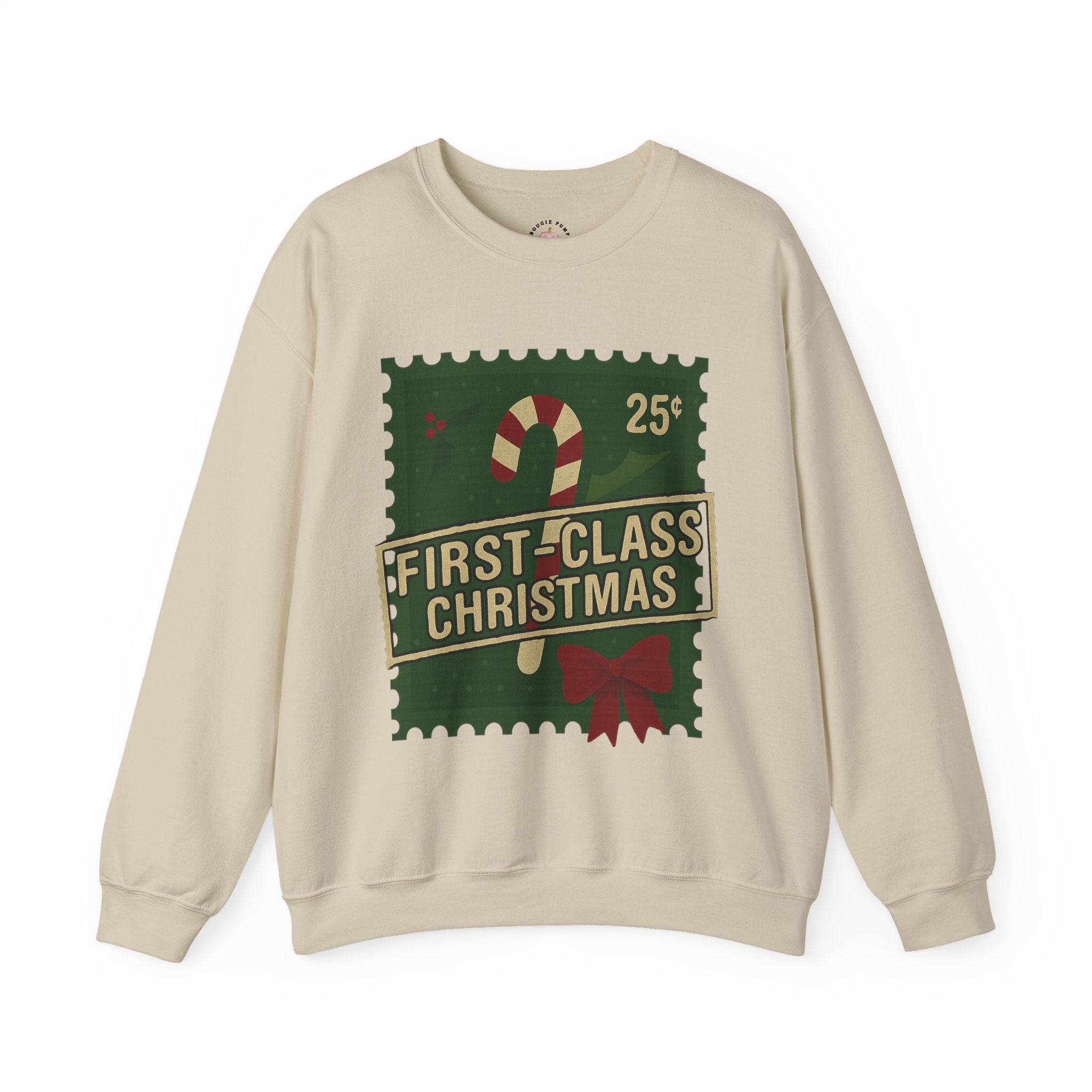 Christmas Crewneck Sweatshirt — "First-Class Christmas" Candy Cane Stamp Design