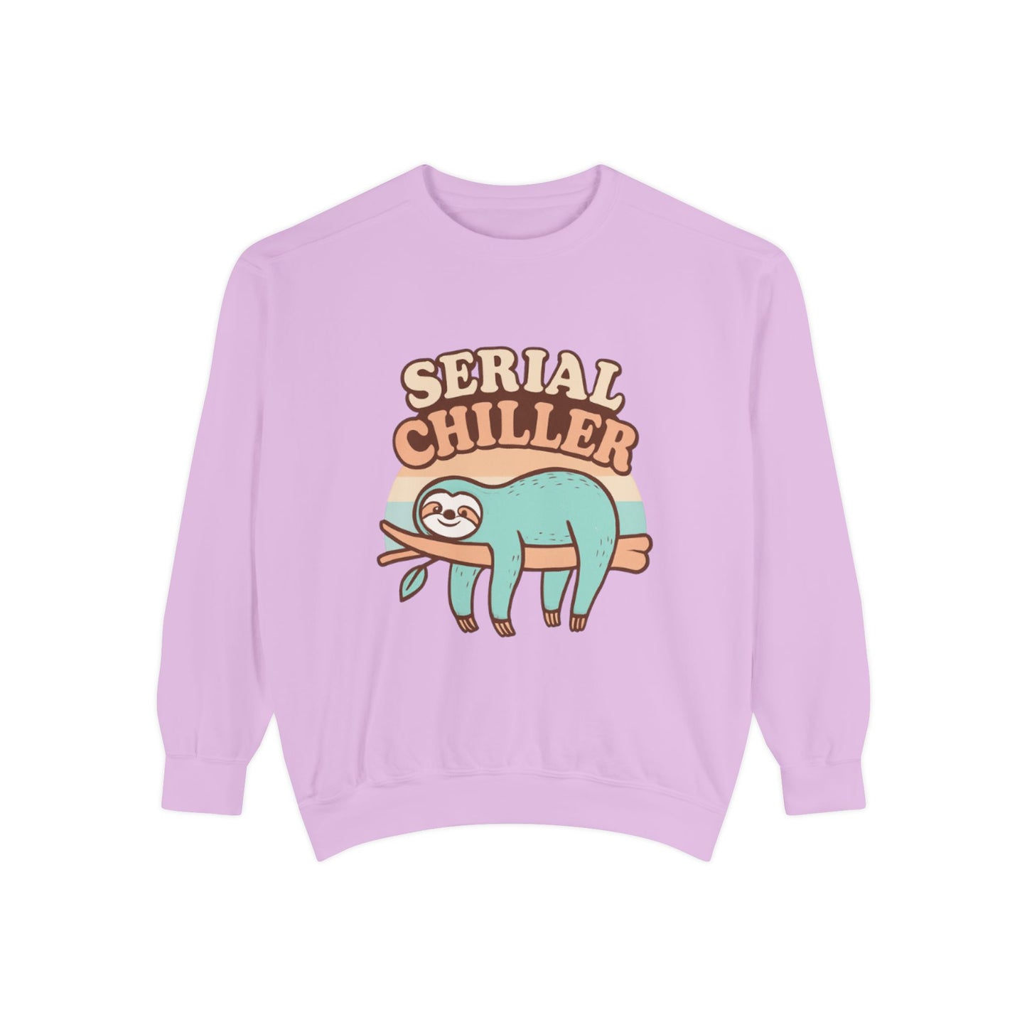 Purple sweatshirt with a sloth graphic and 'Serial Chiller' text on a white background