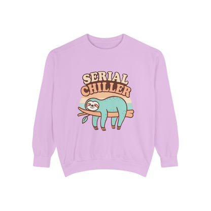 Purple sweatshirt with a sloth graphic and 'Serial Chiller' text on a white background