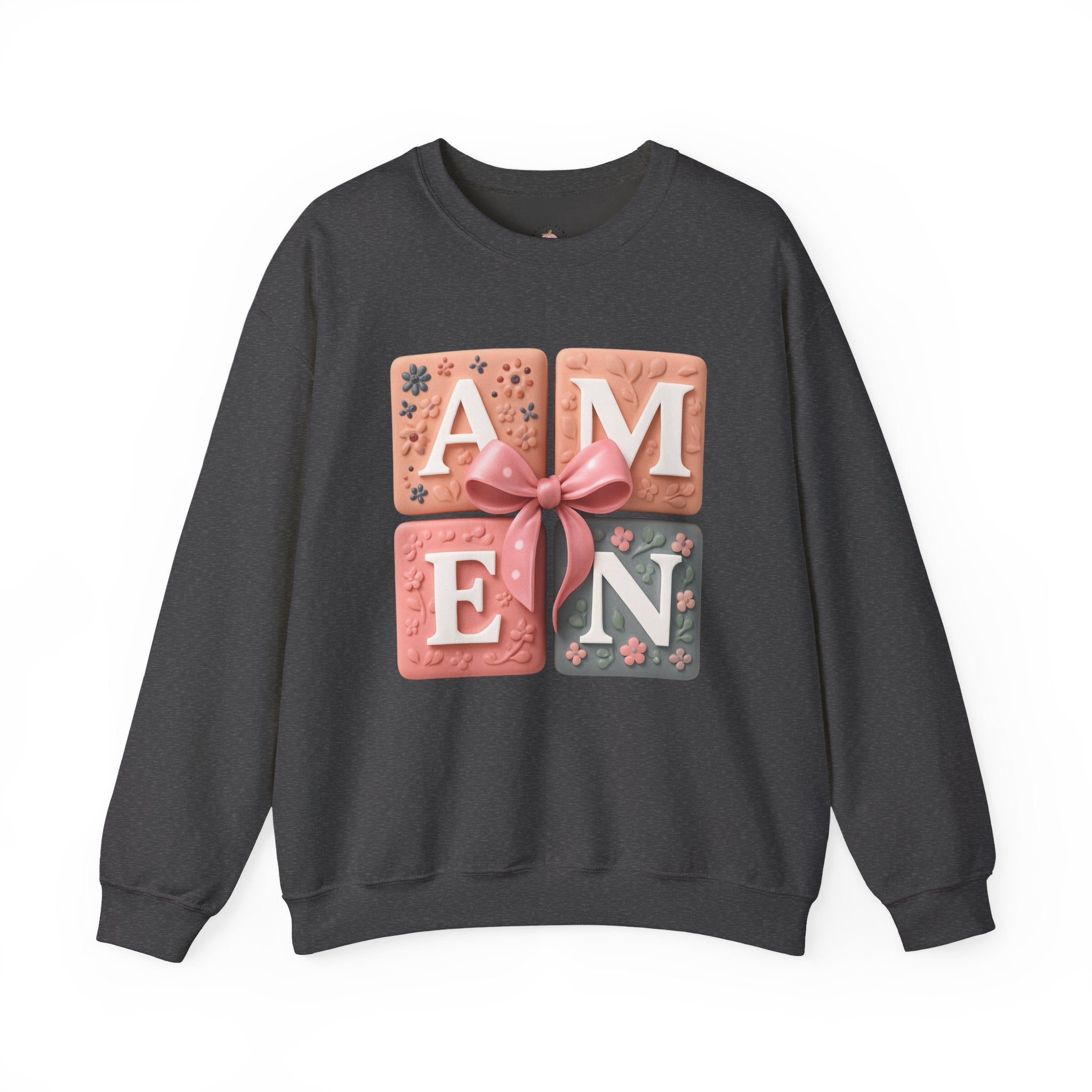 Amen Square Block Sweatshirt — Floral Ribbon Typography Crewneck