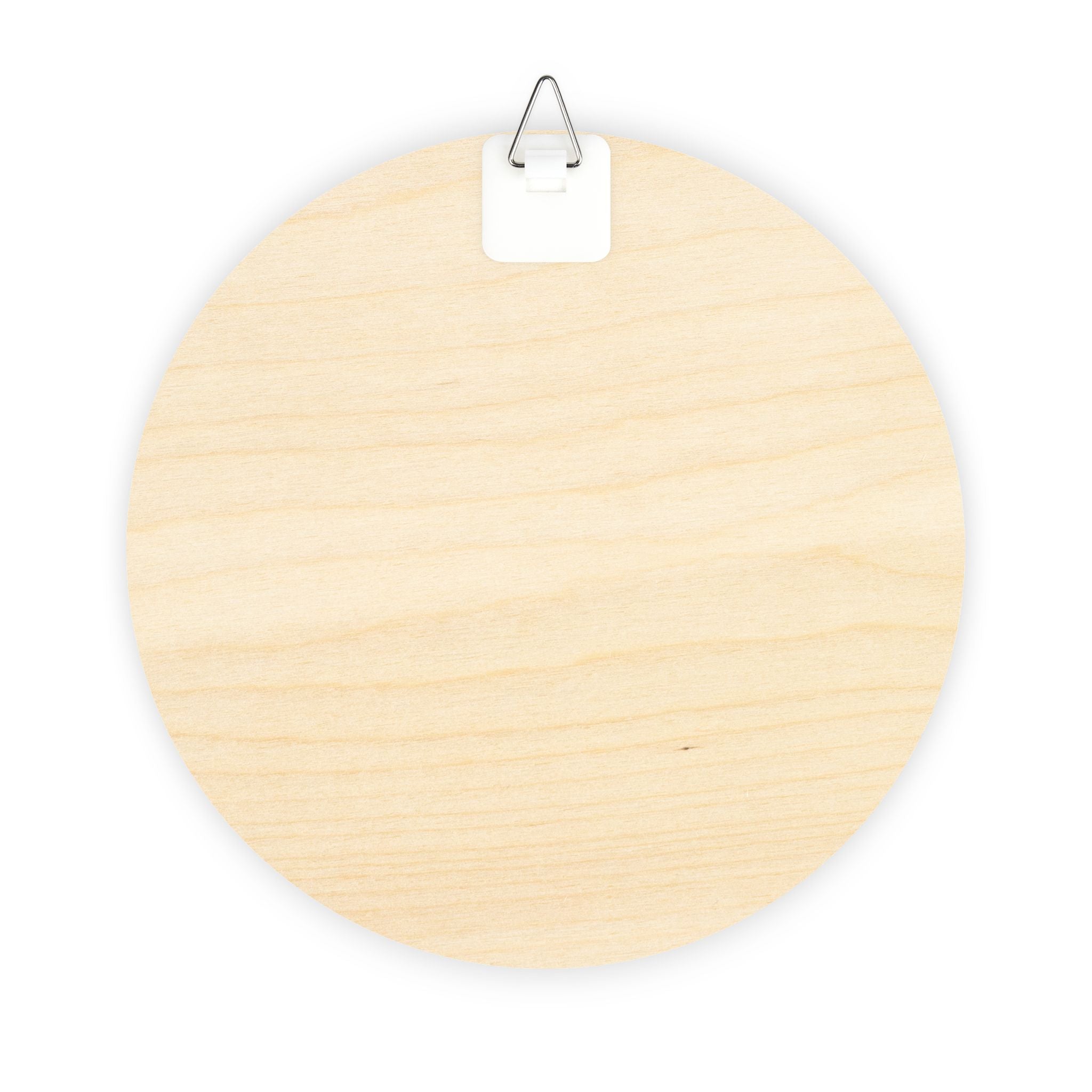 Back of round wooden board with a hook on a white background