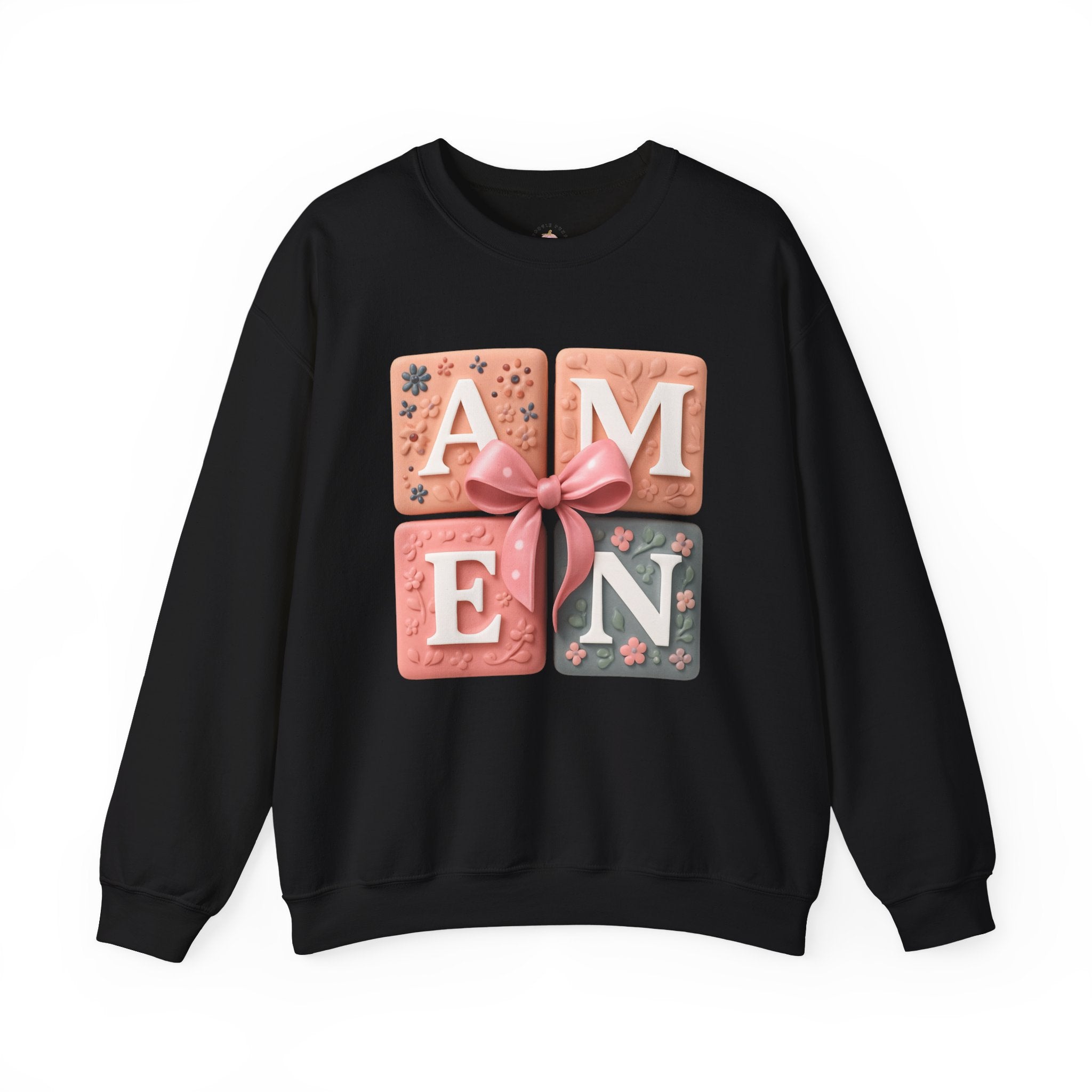 Amen Square Block Sweatshirt — Floral Ribbon Typography Crewneck