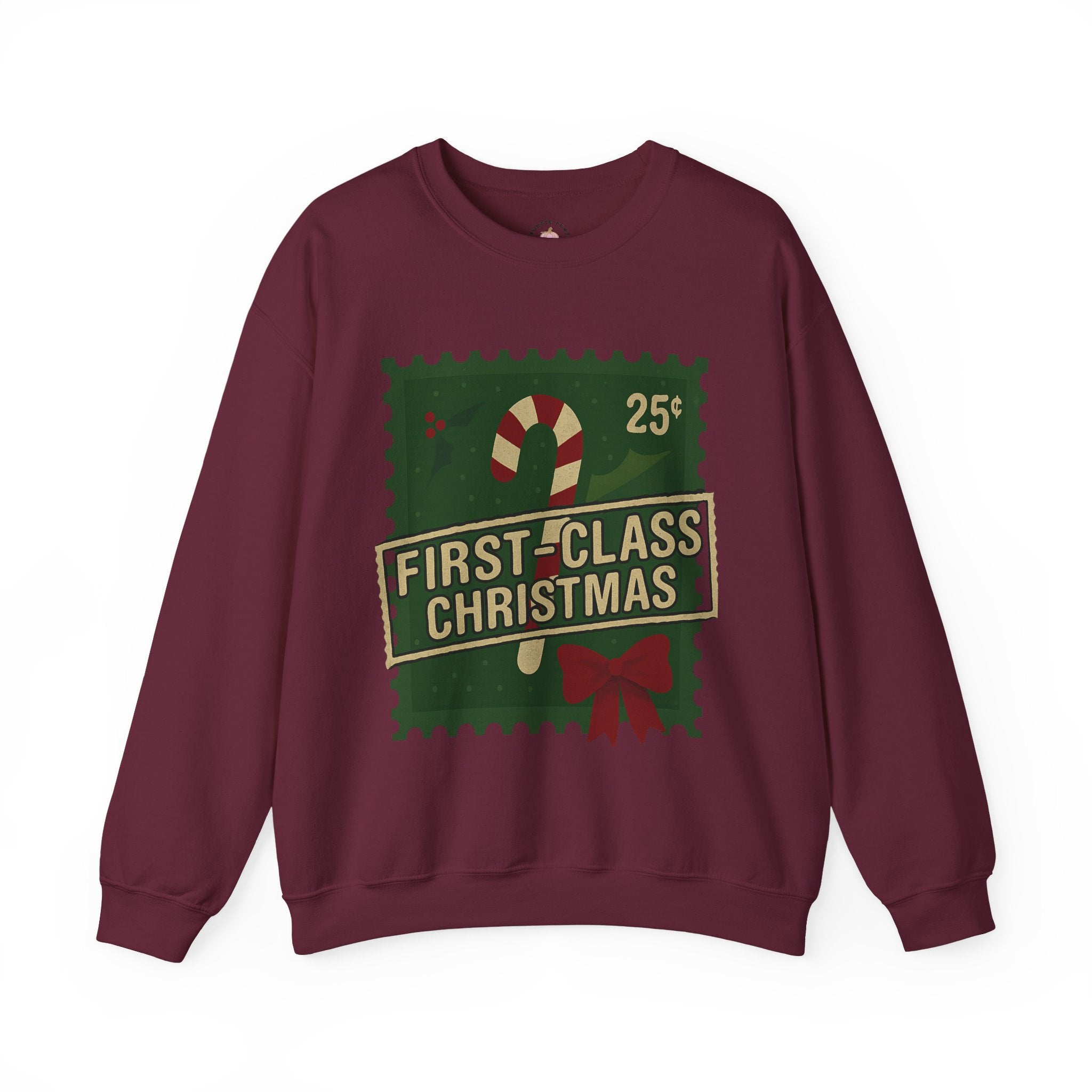 Christmas Crewneck Sweatshirt — "First-Class Christmas" Candy Cane Stamp Design