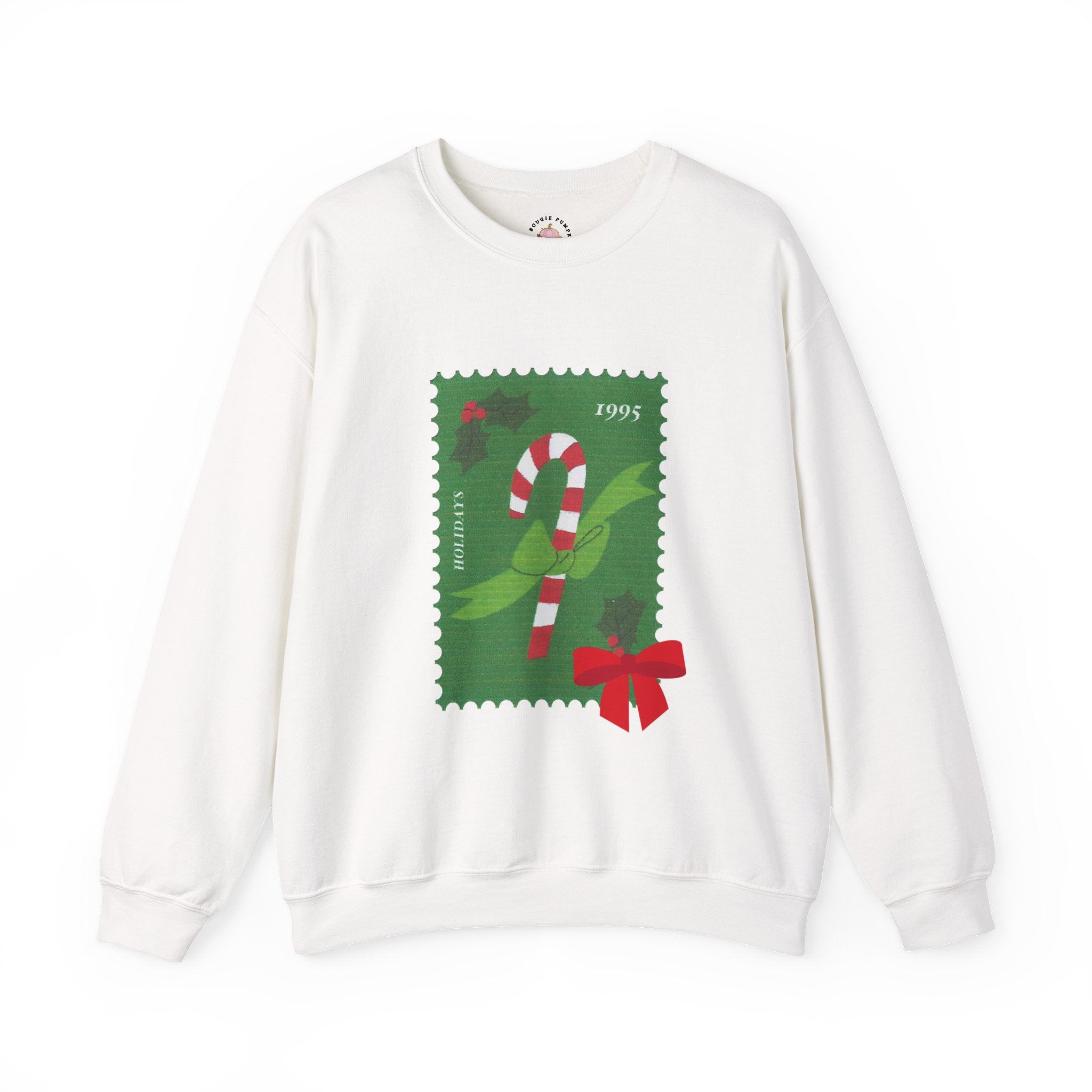 Candy Cane Holiday Crewneck Sweatshirt — Vintage Stamp Christmas Design