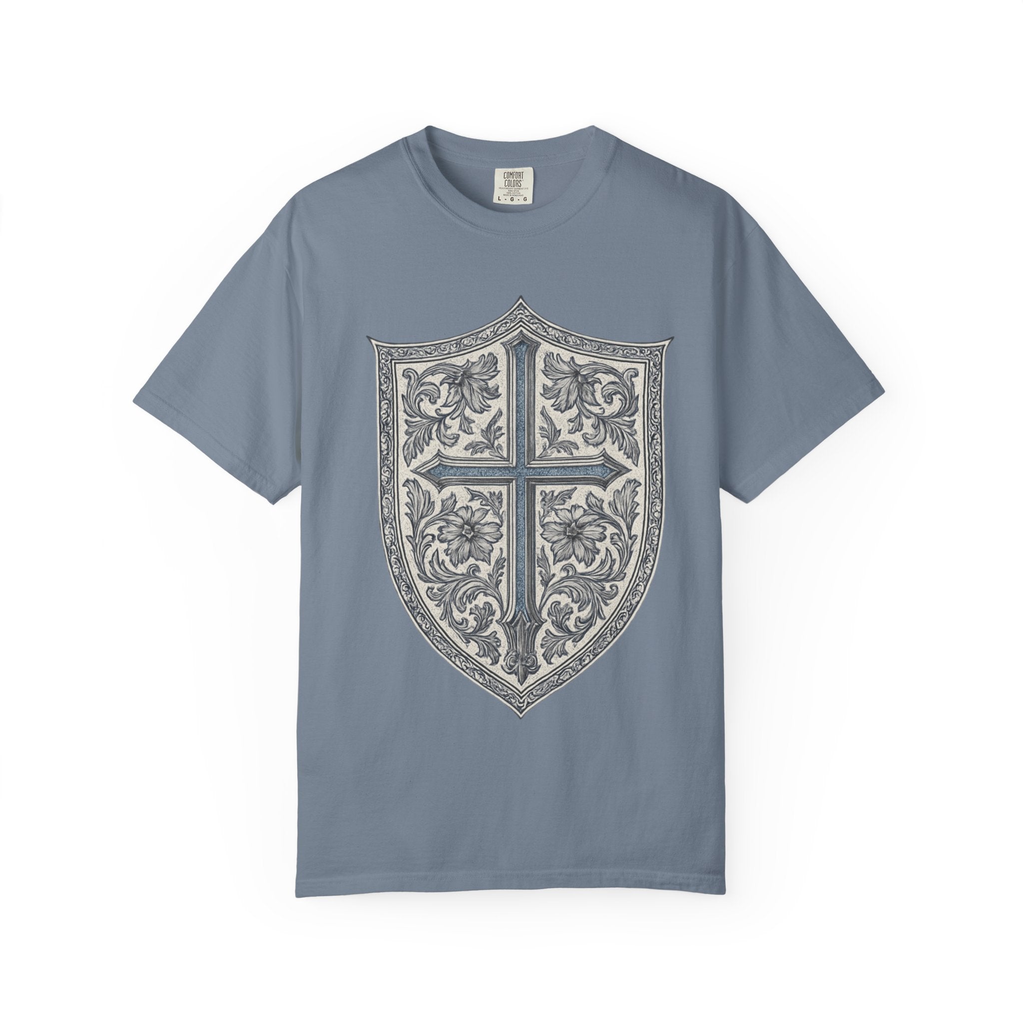 Shield Cross T-Shirt — Vintage Floral Heraldic Crest Christian Tee
