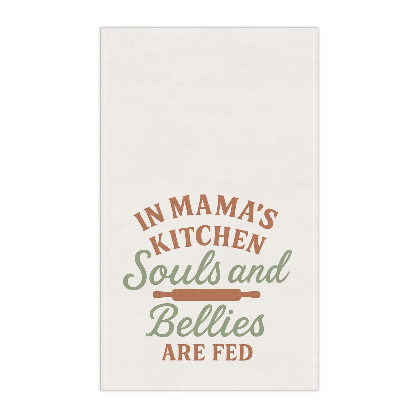 Mama’s Kitchen Tea Towel – “Souls and Bellies Are Fed” | Inspirational Southern Kitchen Decor – The Bougie Pumpkin Boutique - The Bougie Pumpkin Boutique
