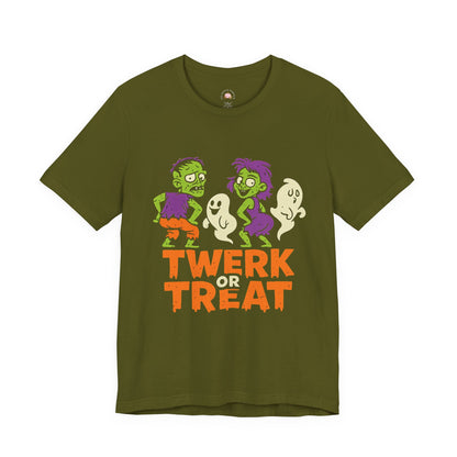 Halloween Fun Unisex Jersey Tee, T-Shirt for Halloween Parties, Funny Costume Tee, Trendy Unisex Tee, Twerk or Treat Design