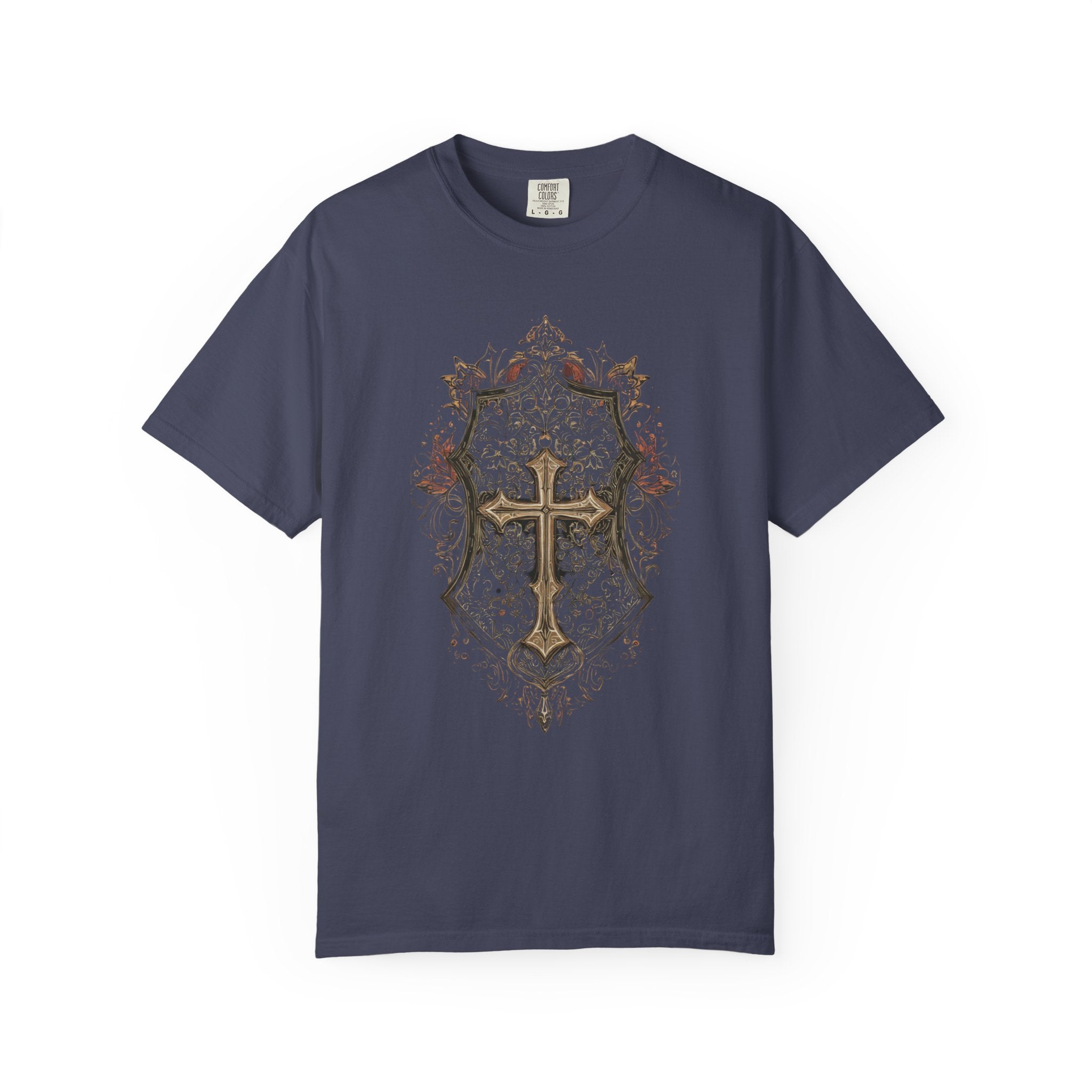 Vintage Shield Cross T-Shirt — Gothic Christian Crest Tee