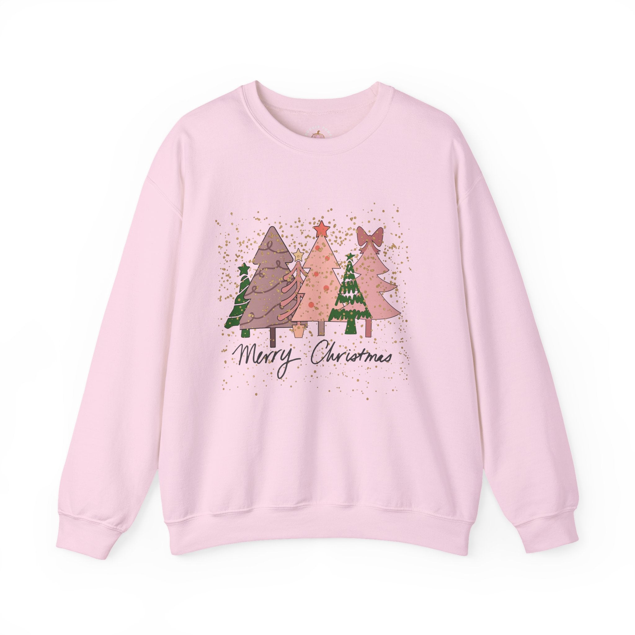 Christmas Tree Crewneck Sweatshirt - Festive Pink & Green Holiday Trees Design with Glitter Overlay