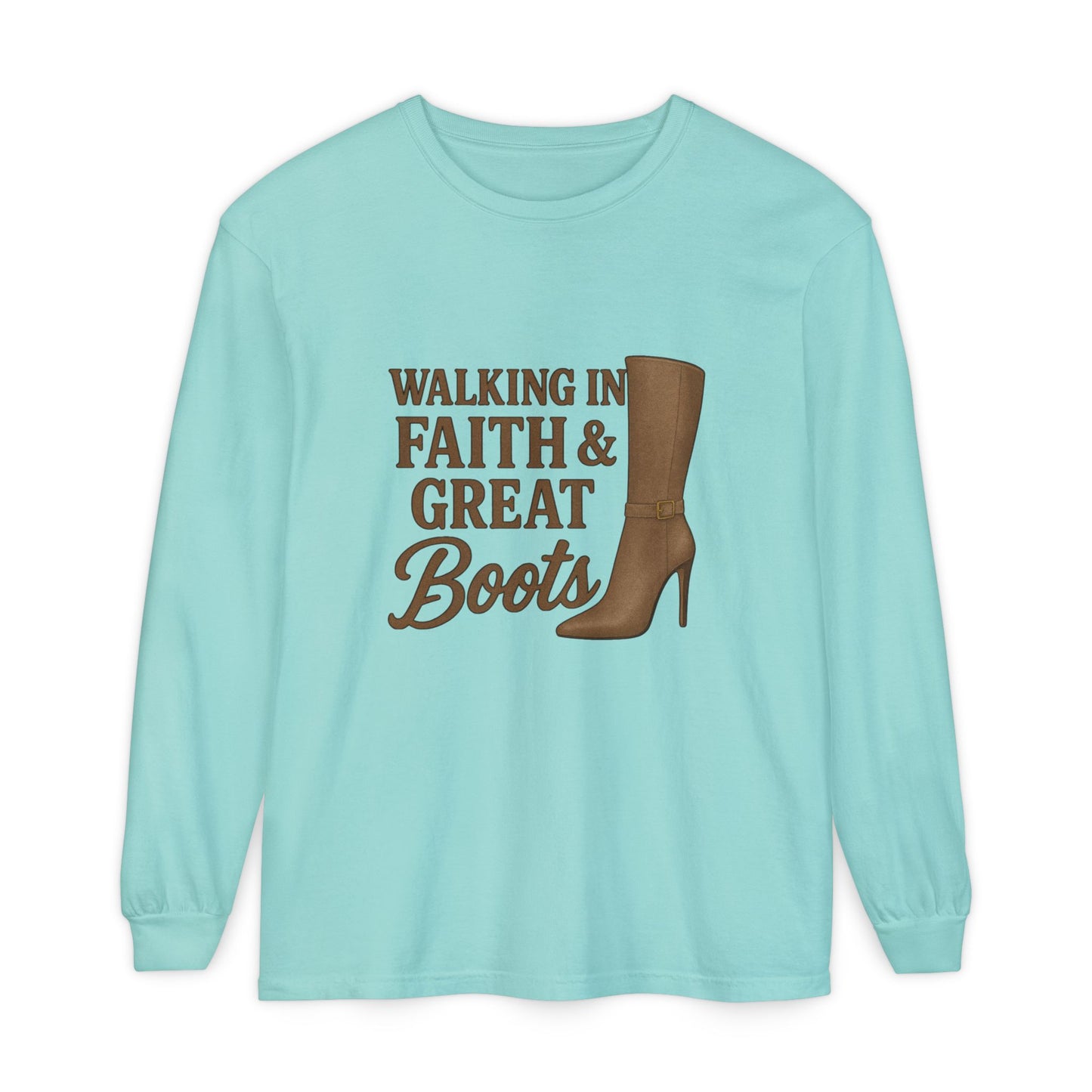 Long Sleeve Christian T-Shirt Walking in Faith & Great Boots - The Bougie Pumpkin Boutique
