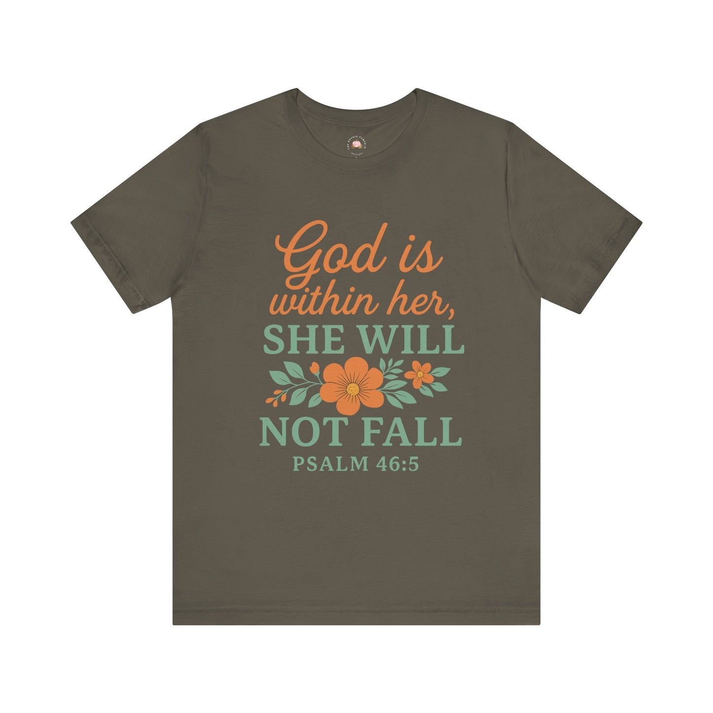 Army Green t-shirt with motivational quote and floral design on a white background