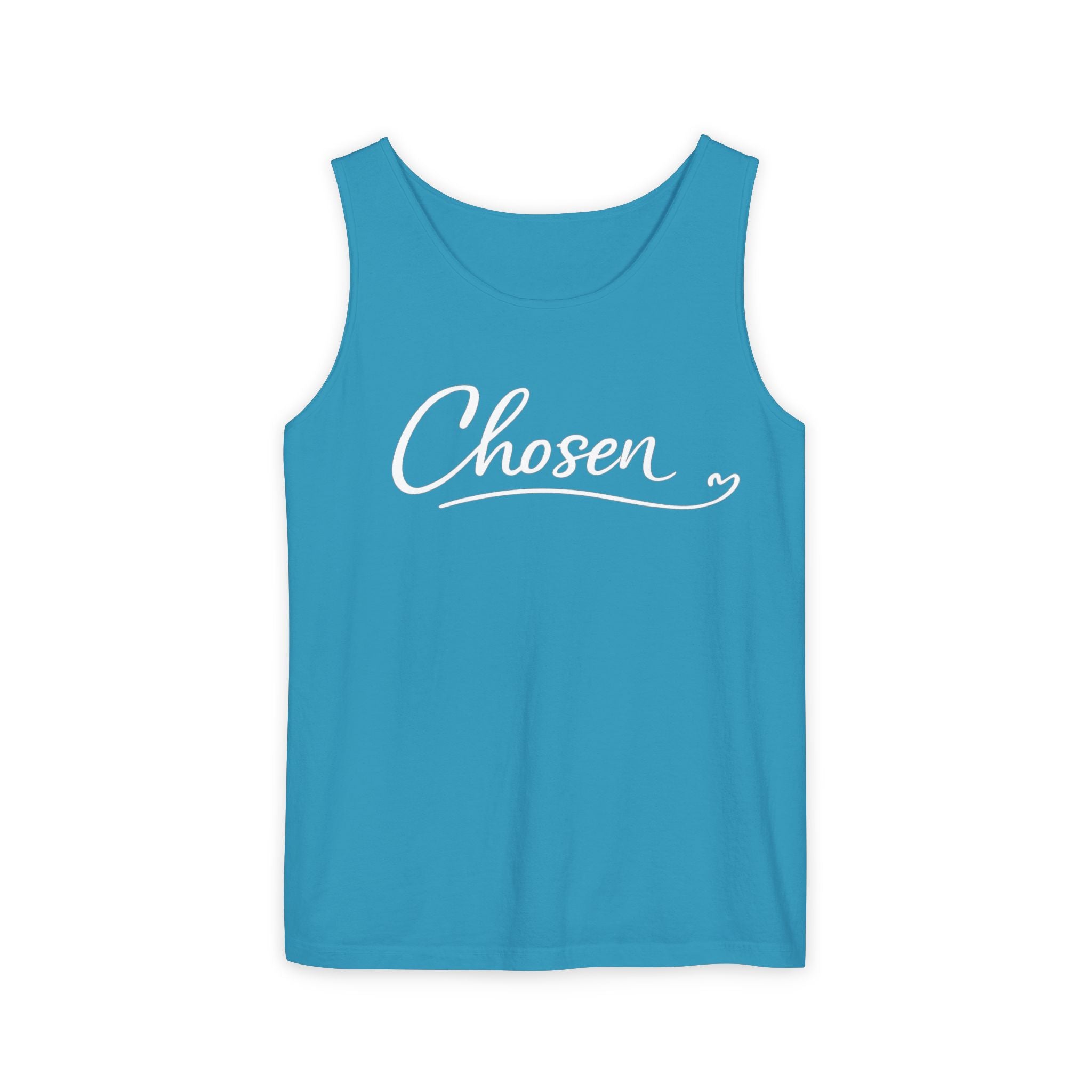 Chosen Script Tank Top — Minimalist White Garment-Dyed Casual Tank