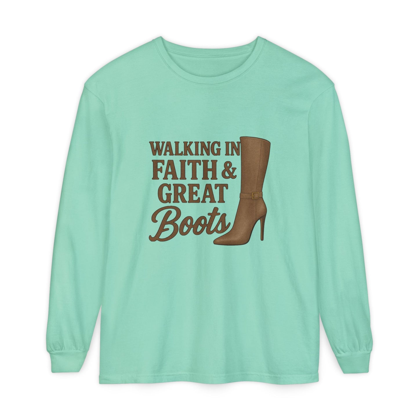 Long Sleeve Christian T-Shirt Walking in Faith & Great Boots - The Bougie Pumpkin Boutique