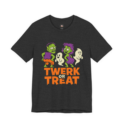 Halloween Fun Unisex Jersey Tee, T-Shirt for Halloween Parties, Funny Costume Tee, Trendy Unisex Tee, Twerk or Treat Design