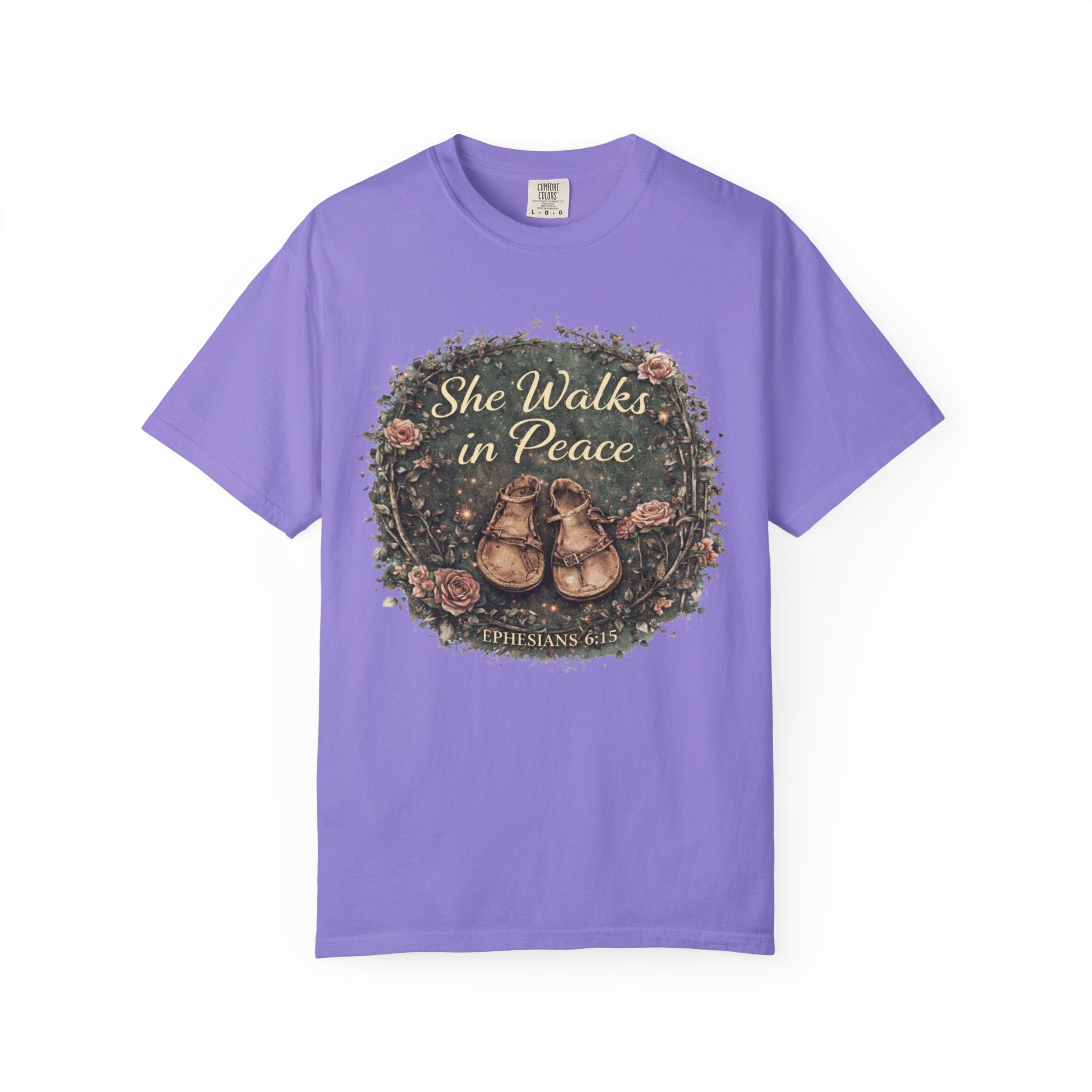 She Walks in Peace T-Shirt — Floral Baby Shoes Memorial Tee