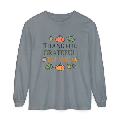 Thankful Grateful Blessed Long Sleeve T-Shirt | Autumn Fashion, Harvest Wear, Thanksgiving Gift, Fall Style, Cozy Apparel - The Bougie Pumpkin Boutique