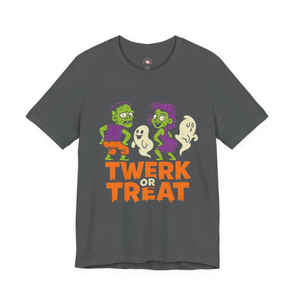 Halloween Fun Unisex Jersey Tee, T-Shirt for Halloween Parties, Funny Costume Tee, Trendy Unisex Tee, Twerk or Treat Design