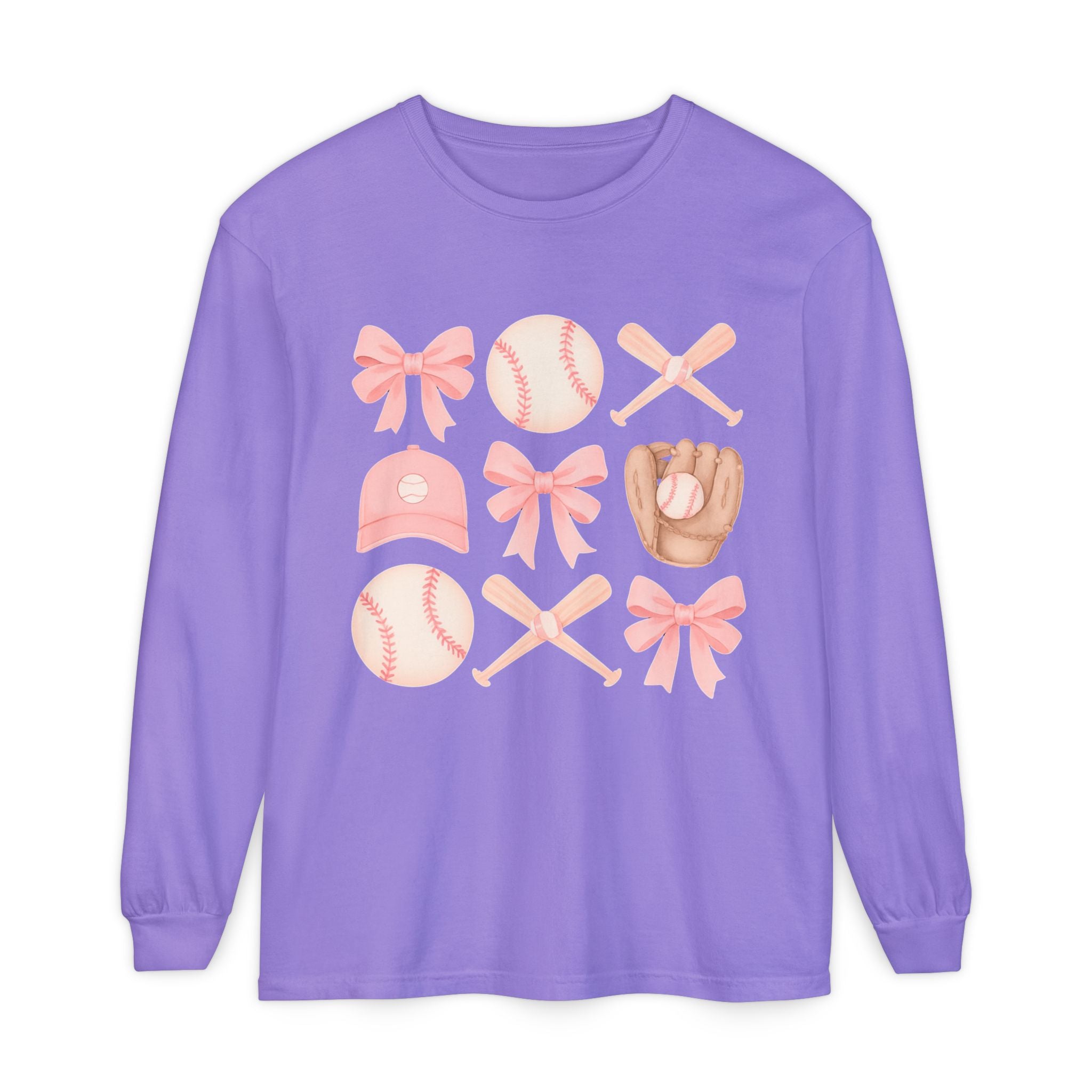 Pink Baseball Icons Long Sleeve Tee — Cute Softball Mom Fan Shirt