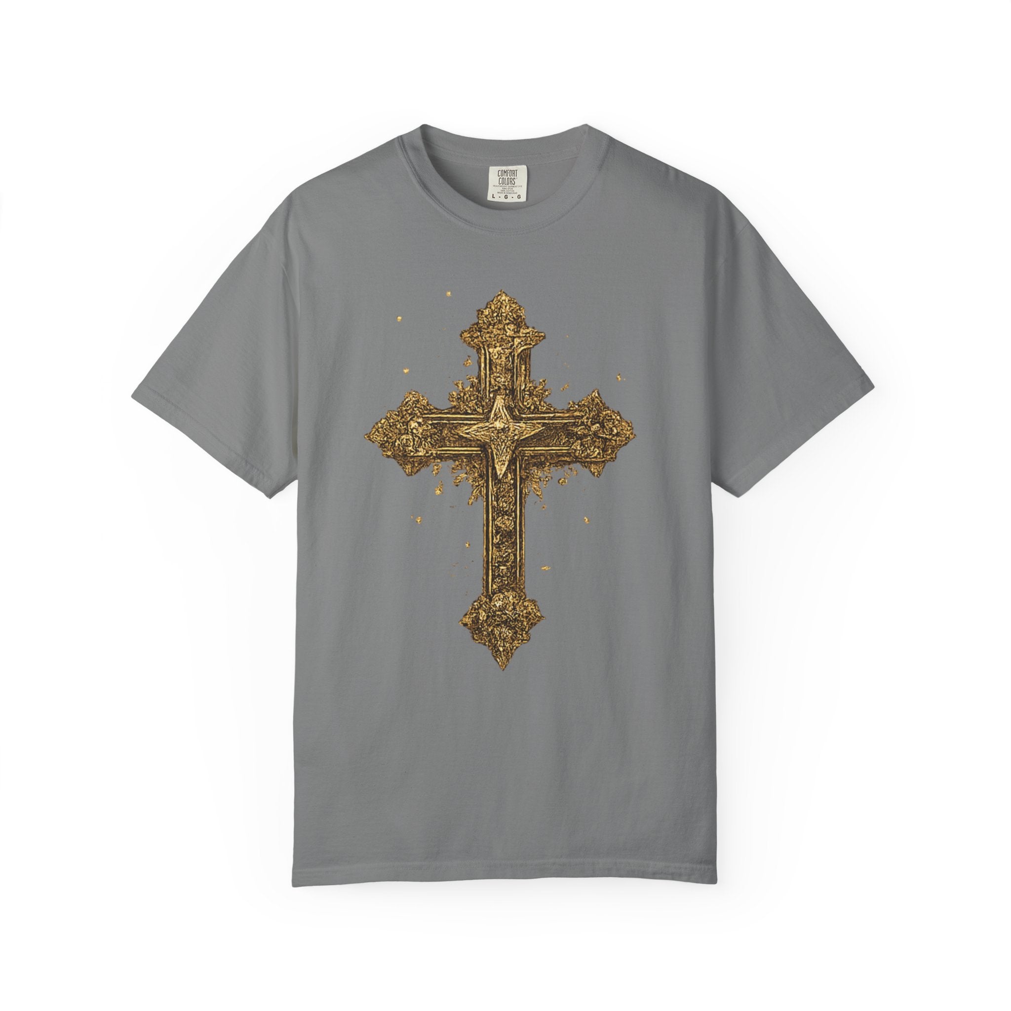Gray t-shirt with a gold cross design on a white background