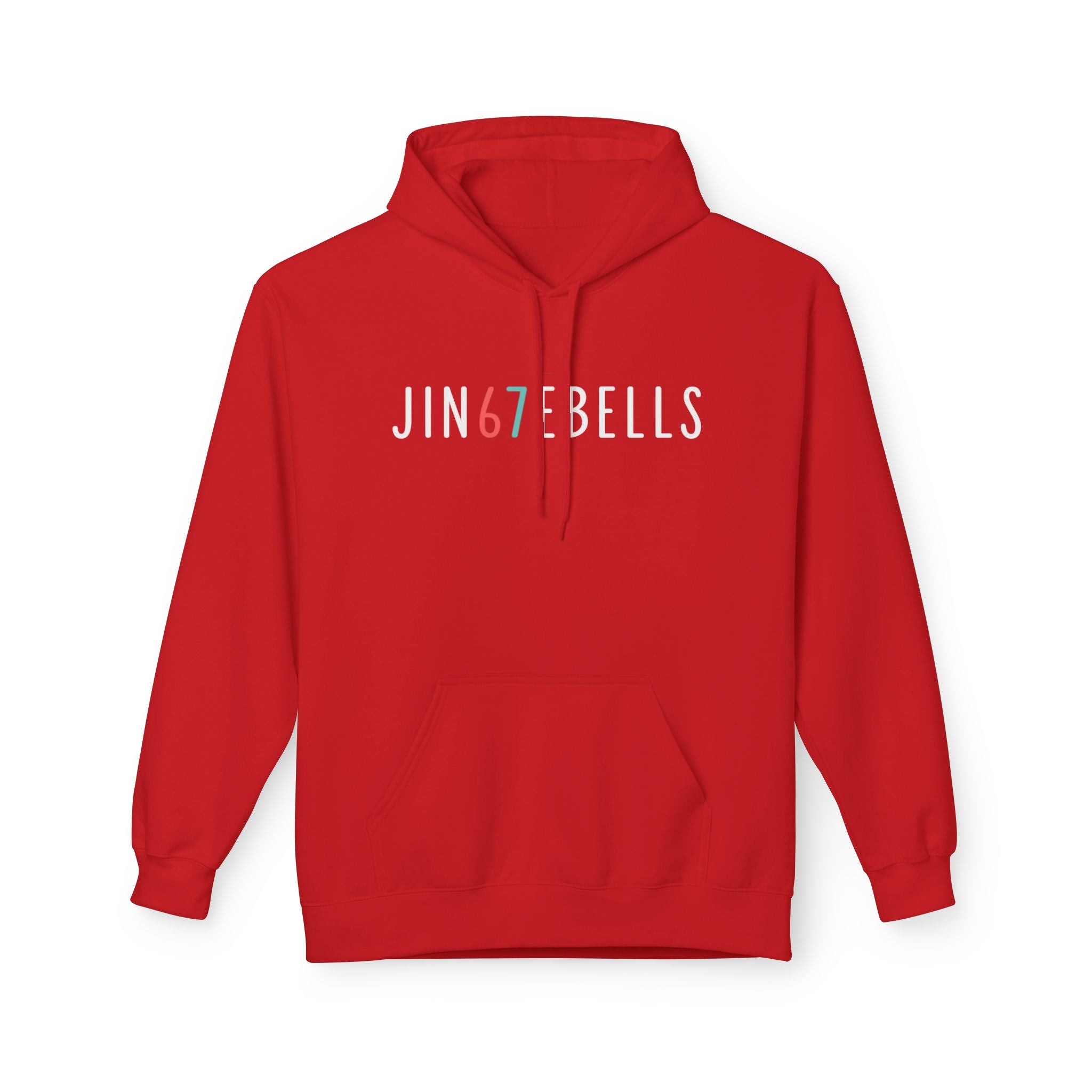 Red hoodie with 'JING67BELLS' text on a white background